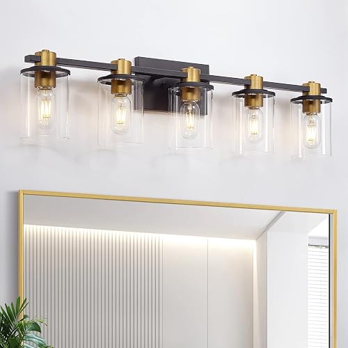 5 Light Bathroom Vanity Light, Black and Gold Bathroom Light Fixtures, Sconces Wall Lighting with Clear Glass Shade, Modern Brushed Gold Vanity
