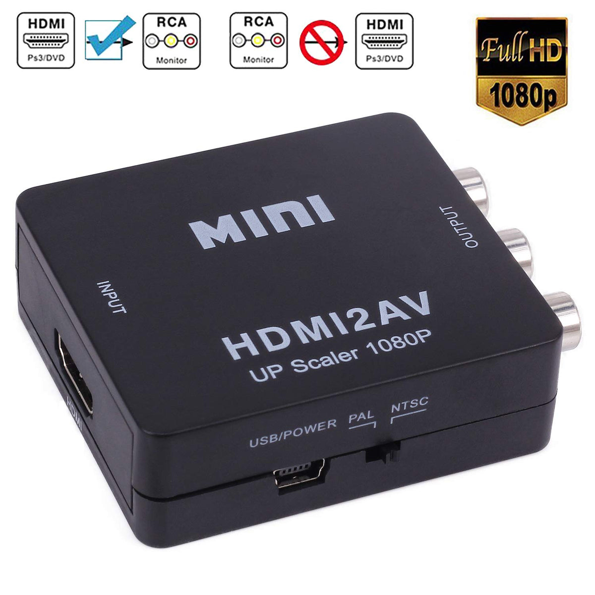 Yeworth HDMI to RCA, HD Video Converter, 1080P Mini HDMI to 3RCA AV/CVBS Composite Adapter Converter for PC/PS3/DVD, Supporting PAL/NTSC with USB Charging Cable Cord