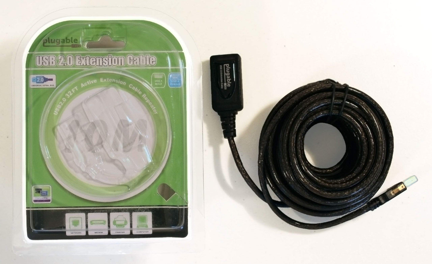 Plugable 10 Meter (32 Foot) USB 2.0 Active Extension Cable Type A Male to A Female - Driverless