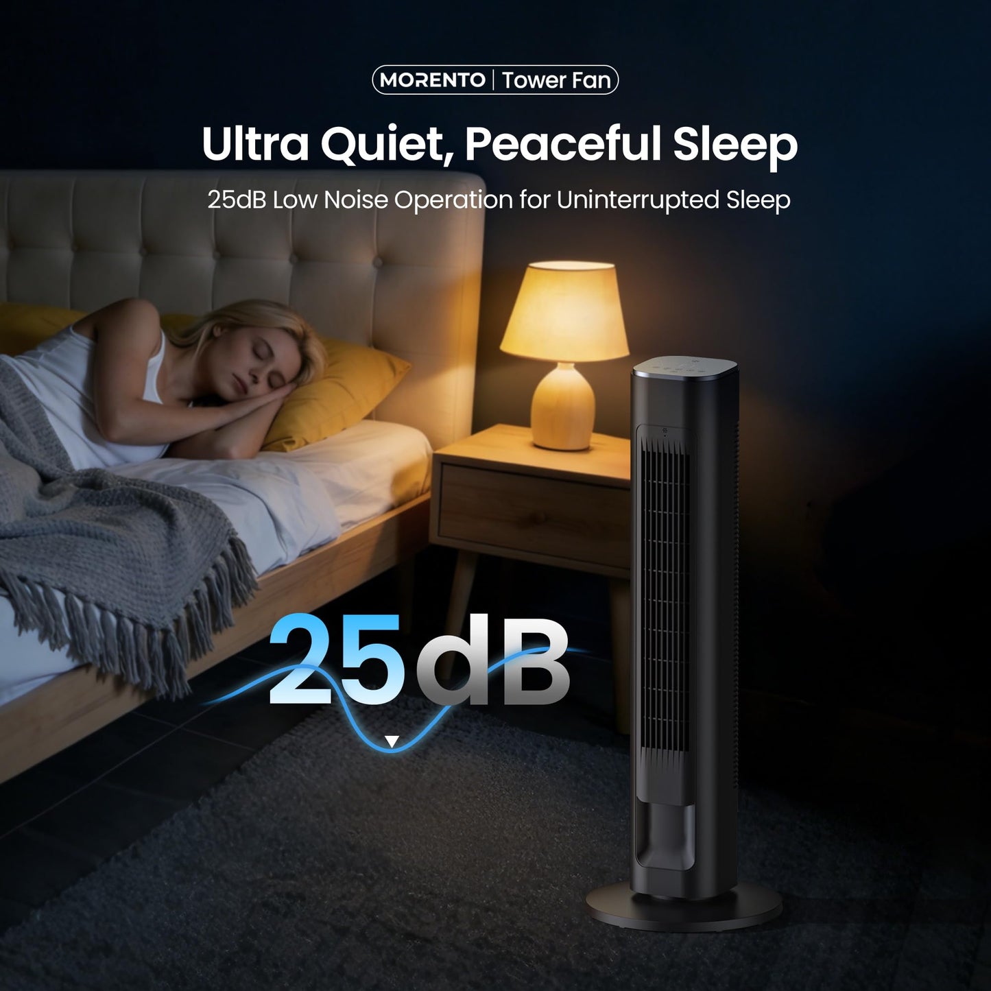MORENTO Smart Tower Fan, WiFi, 25dB Quiet, 25ft/s, 4 Modes 4 Speeds, Black