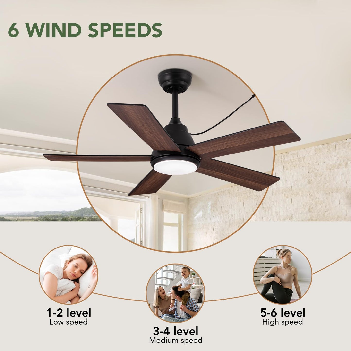 SPACORA 42 Inch Ceiling Fan with Light, Black Ceiling Fans with Lights and Remote/APP, 3CCT, Noiseless DC Motor, Waterproof Plug in Ceiling Fan