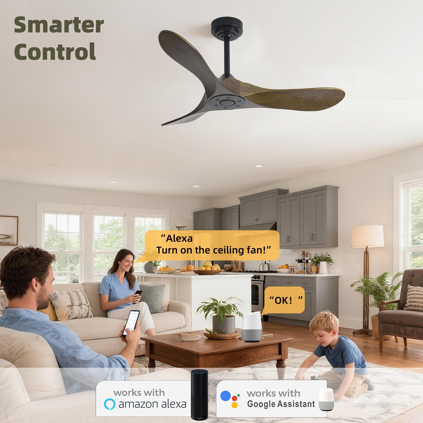Homlit Outdoor Ceiling Fan Without Light, 42Inch Smart Ceiling Fan with Remote & Voice Control for Compatible with Alexa/Google, 3-Blade Wood Fan