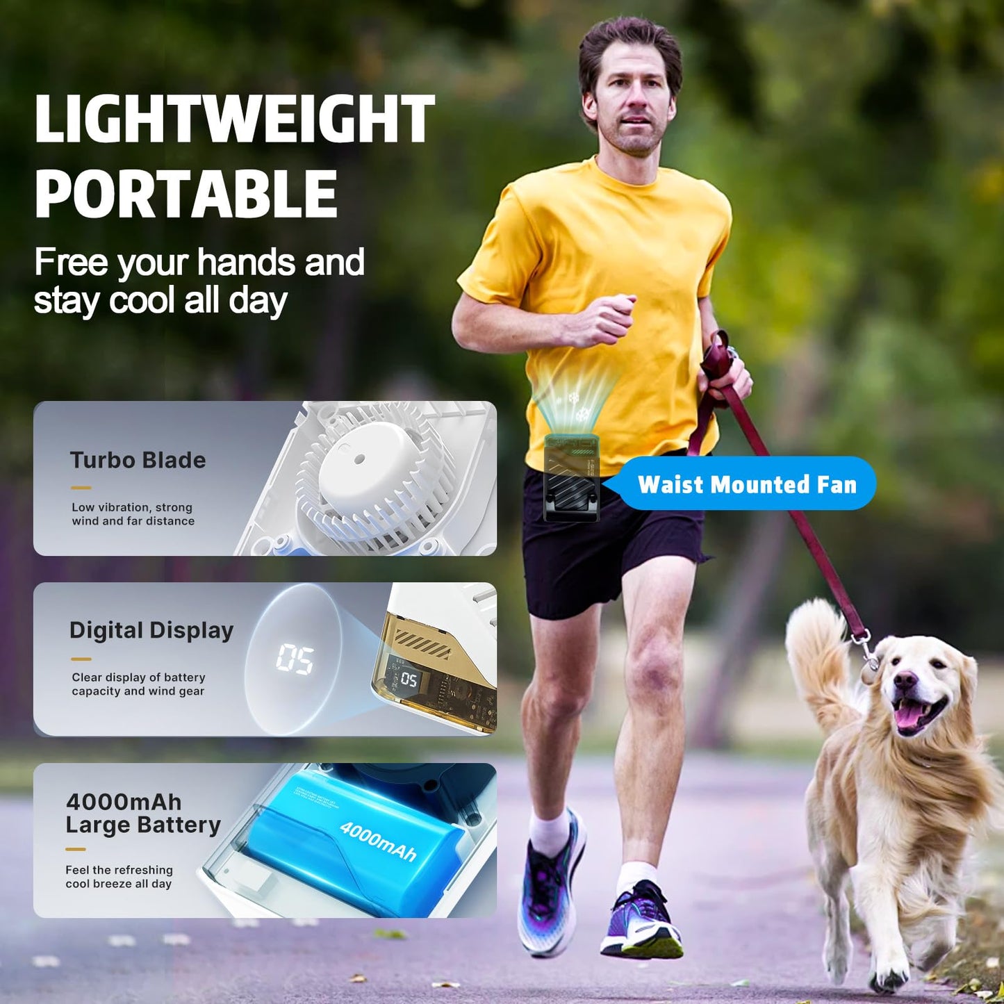 Gemmac Portable Waist Fan, Powerful Rechargeable Handheld Cooling Shirt Fan with LED Display, USB C Personal Clip On Wearable Neck Straps Fans