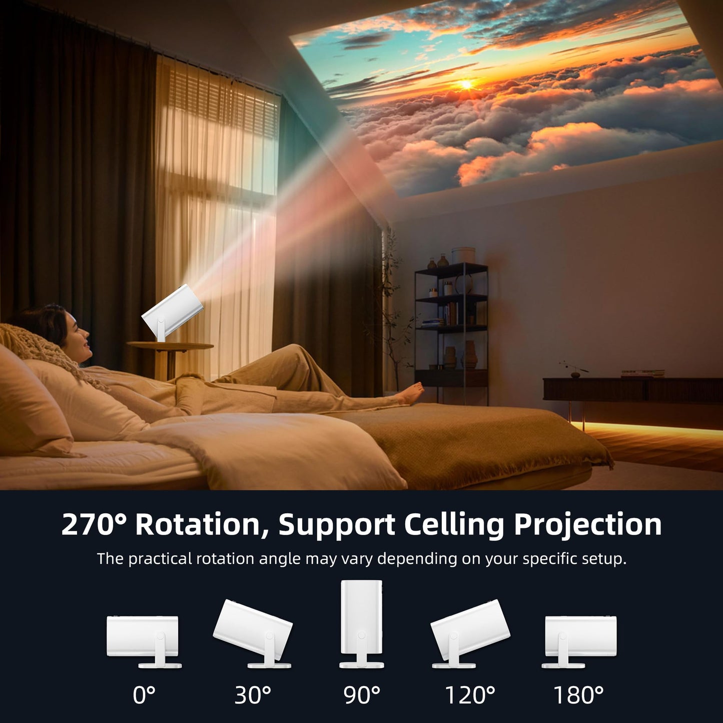 Mini Projector, Portable Projector 4K & Full HD 1080P Support, 270° Rotation Outdoor Projector, Movie Projector Compatible with Smartphone, TV Stick