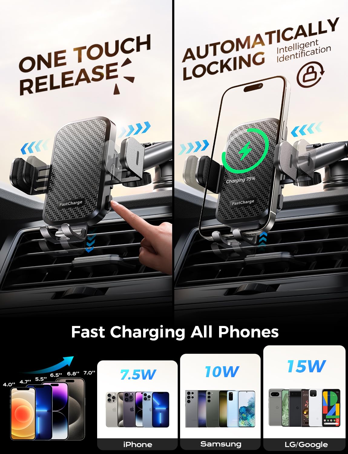 CHGeek Wireless Car Charger with Phone Holder Mount, 15W Fast Charging Auto Clamping Phone Holders for You Car Windshield Dashboard Air Vent