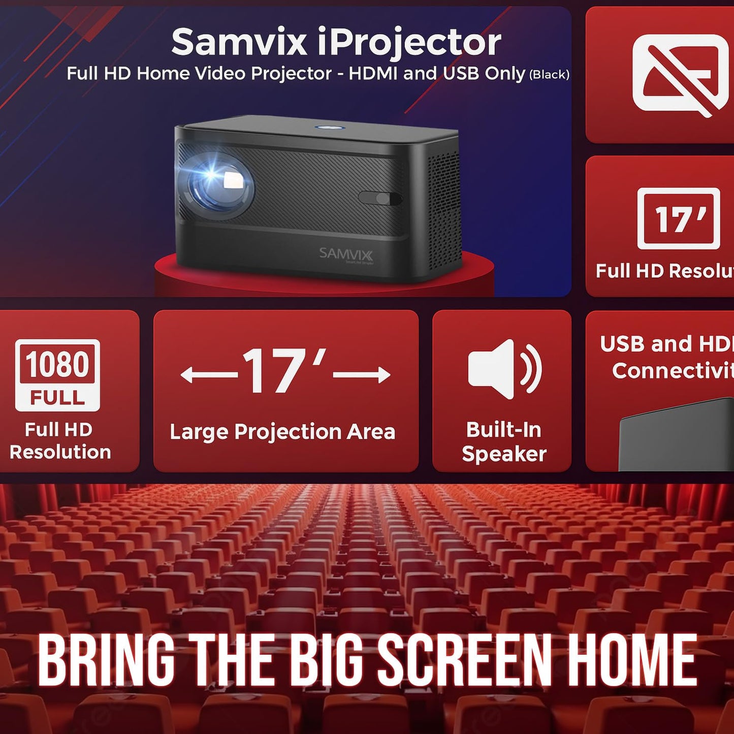SAMVIX iProjector Full HD Home Video Projector - HDMI and USB Only (Black)