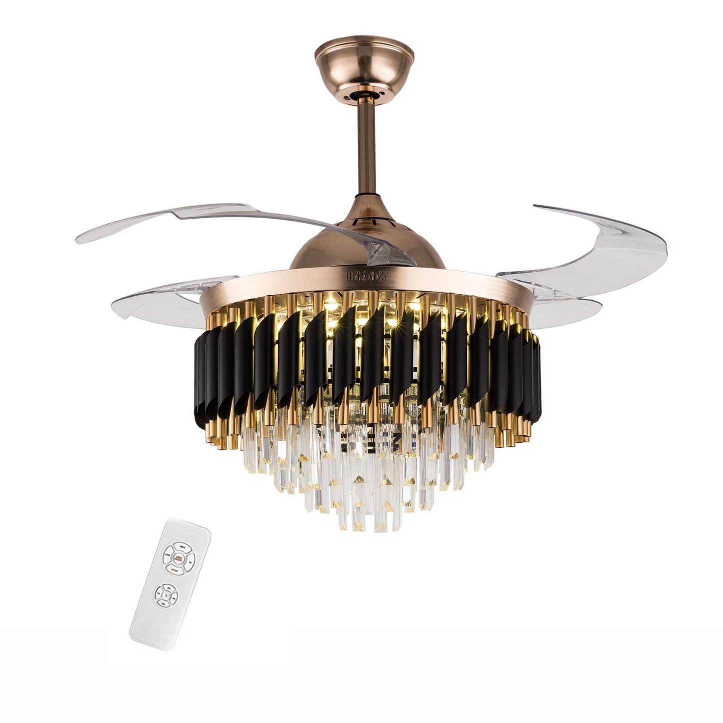 HAOREBAIYU 42-Inch Crystal Ceiling Fan with Light, Black Fandelier