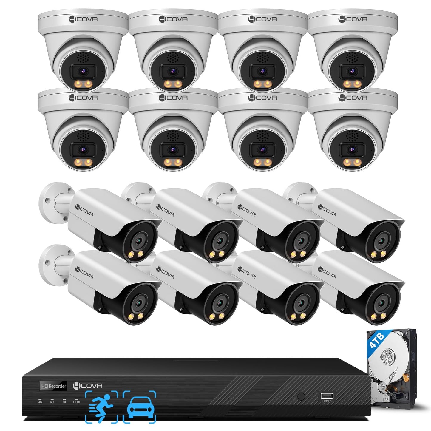 4COVR 4K 16 Channel Security Camera System PoE, 2-Way Audio Talk, AI Person Vehicle Detection & Smart Color Night Vision, UHD 4TB NVR, 8 Dome 8 Bullet