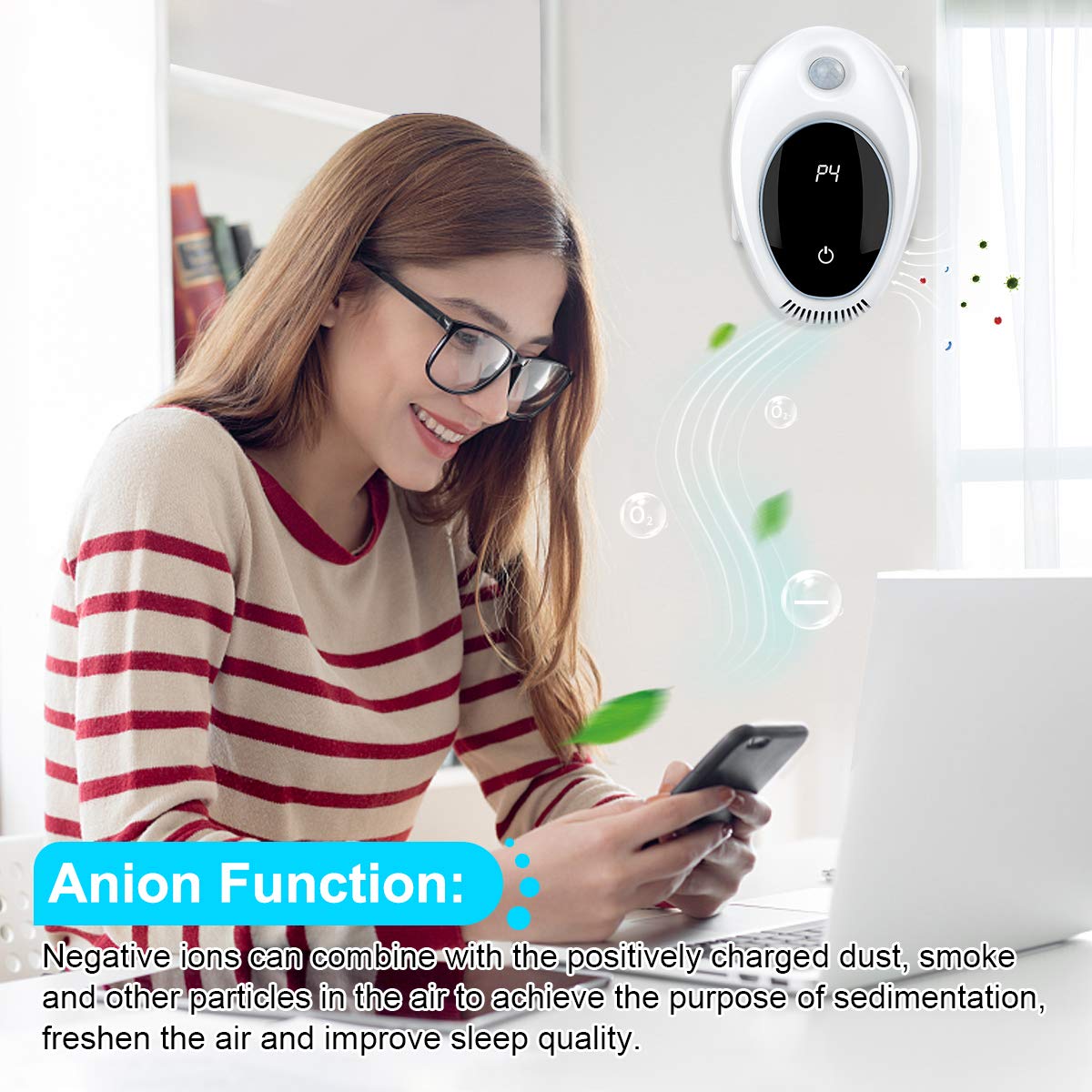 Plug in Air Purifier with Motion Sensor Light for Home, Odor Eliminator Mini Ozone Air Freshener Ionizer Deodorizer to Remove Smell from Pets Smoke