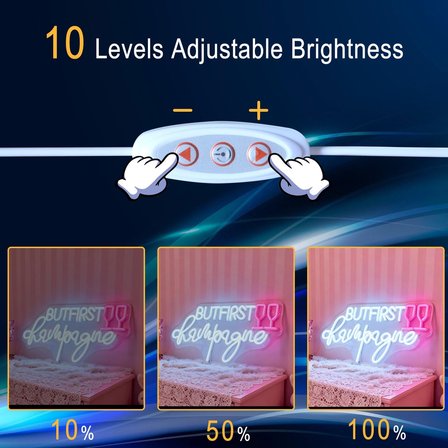 But First Champagne Neon Sign - USB Powered Dimmable Decorative Neon Light for Party Bar Pub Living Room Bedroom Wall Table Decor, White and Pink LED