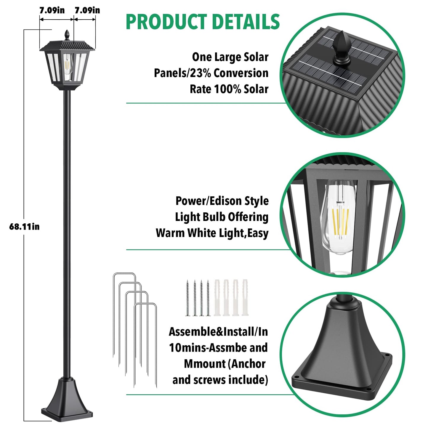 68" Solar Lamp Post Light Outdoor - 3000K Warm White, IP45 Waterproof Post Solar Lights Outdoor, Pole Lights Decorative Lamp for Yard Garden Patio