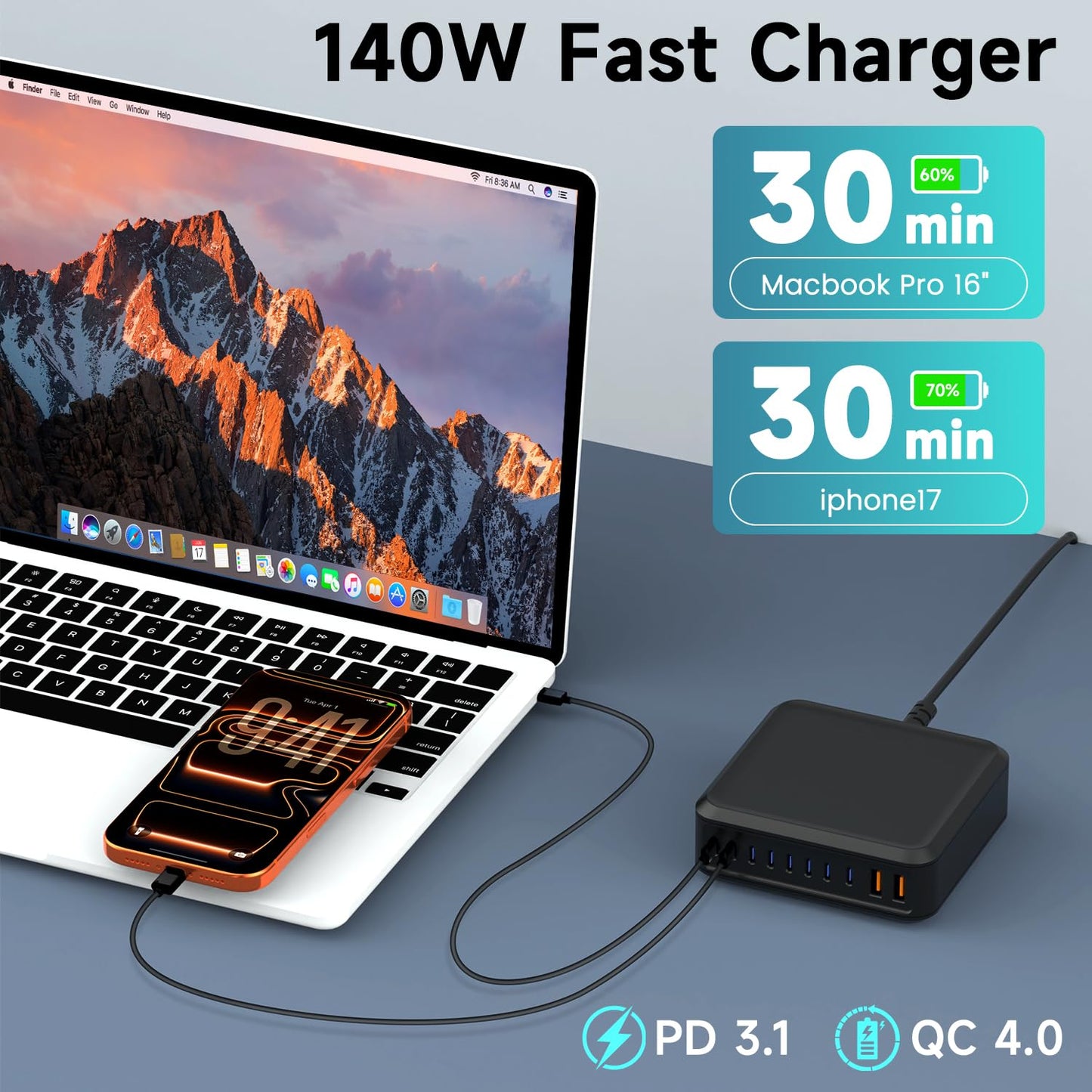 1000W USB C Charger Block,10 Port USB C Charging Station GaN Type C Charger Block,PD 140W Laptop Fast Charger Adapter with 8 USB-C Ports and 2 USB-A