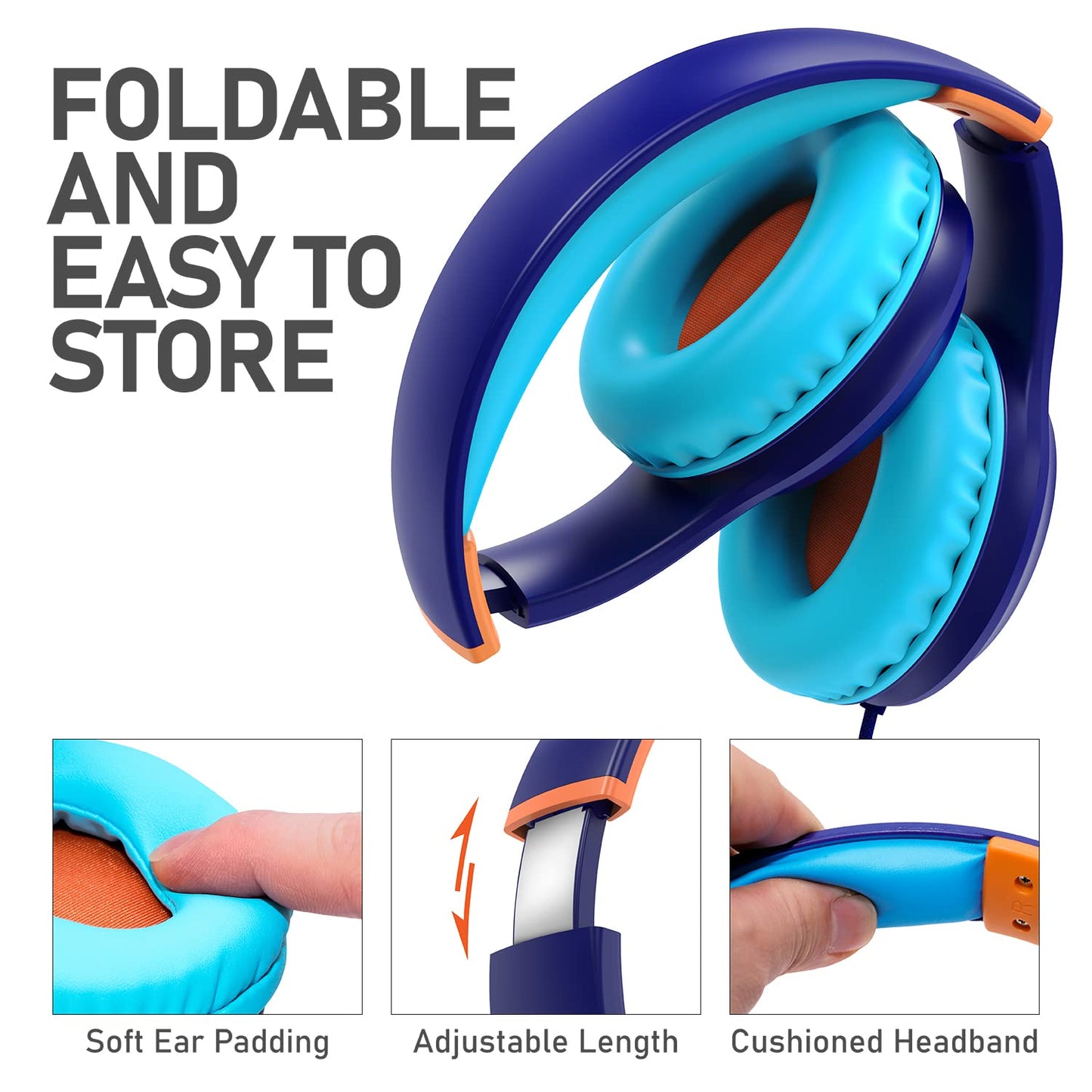 FosPower Kids Headphones with 3.5mm Laced Cables, Children & Teens Over The Ear Foldable Adjustable Headset w/Built-in Mic…