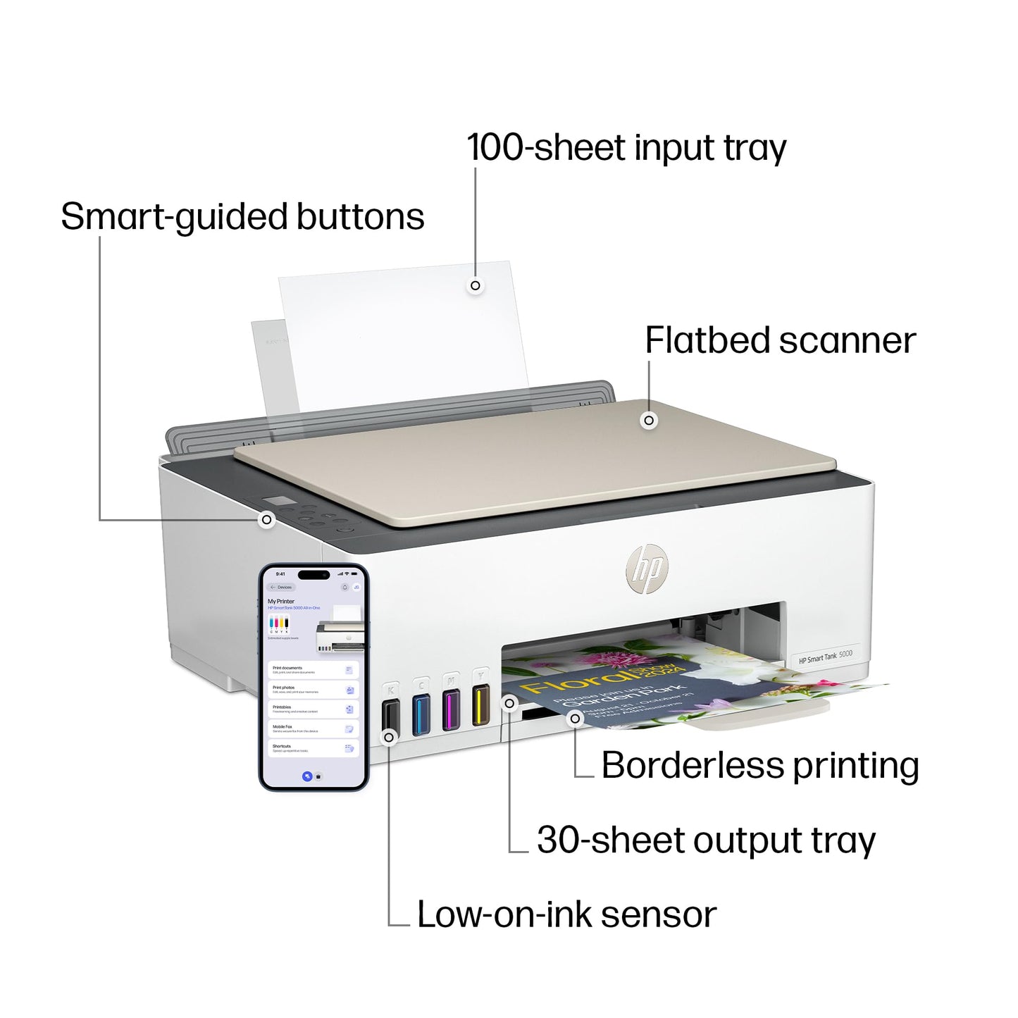 HP Smart Tank 5000 Wireless All-in-One Ink Tank Printer, Scanner, Copier with 2 Years of Ink Included, Best-for-Home, Cartridge-Free, Refillable