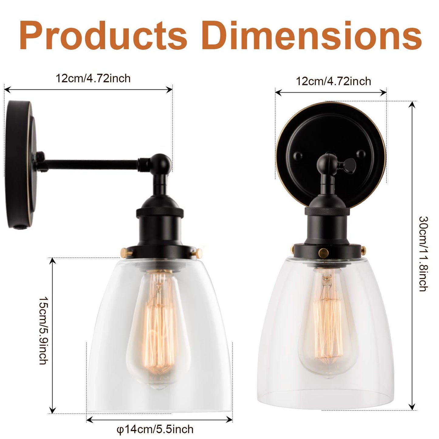 GLADFRESIT Industrial Wall Sconce Plug in Black, Adjustable Head Modern Ceiling Light Fixture Clear Glass Shade Wall Lamp 2 in 1 Design On/Off Switch