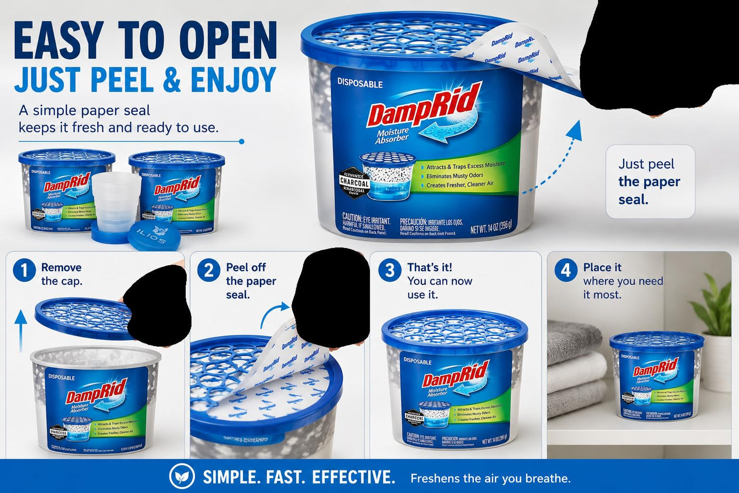Damp Rid Bucket Charcoal Moisture Absorber, Humidity Absorber & Odor Eliminator for Home, Bathroom & Basement, 18 oz Disposable 2 Pack - Ilios