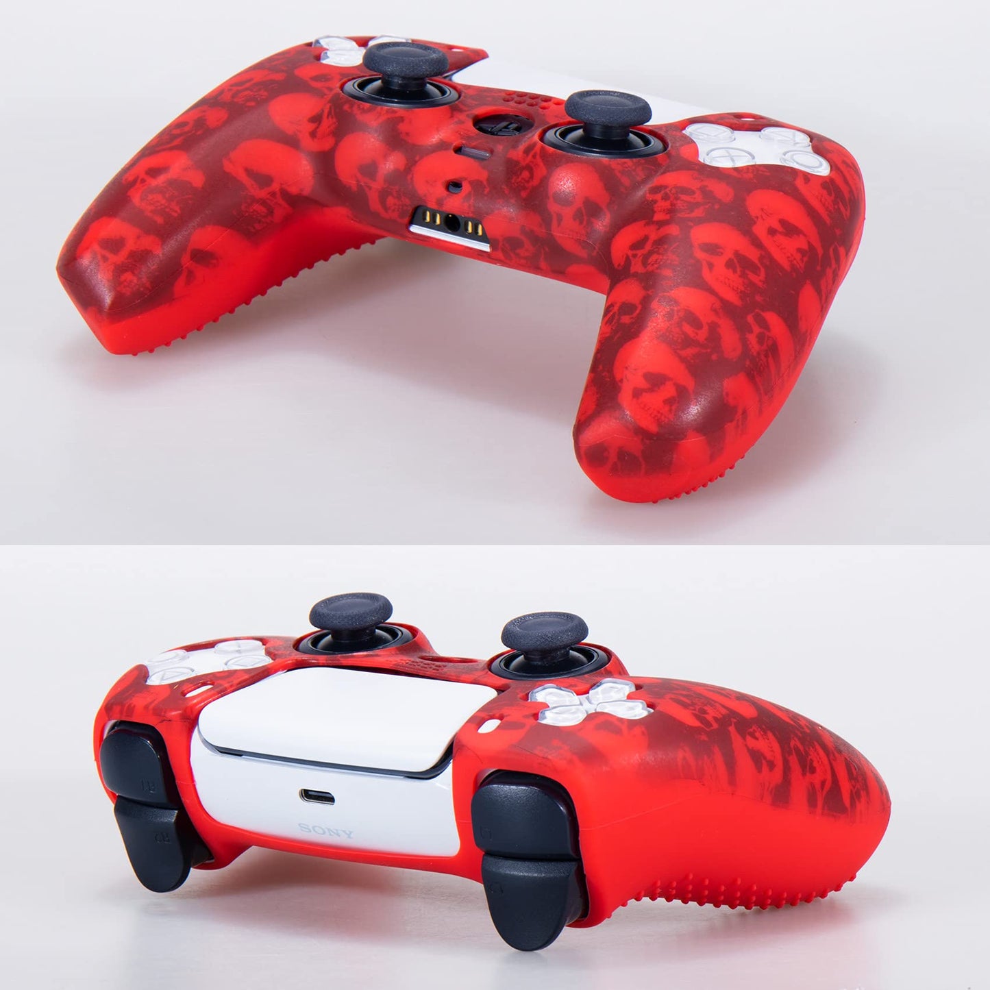 9CDeer 1 Piece of Silicone Transfer Print Protective Cover Skin + 10 Thumb Grips for PS5 Controller Skull Red