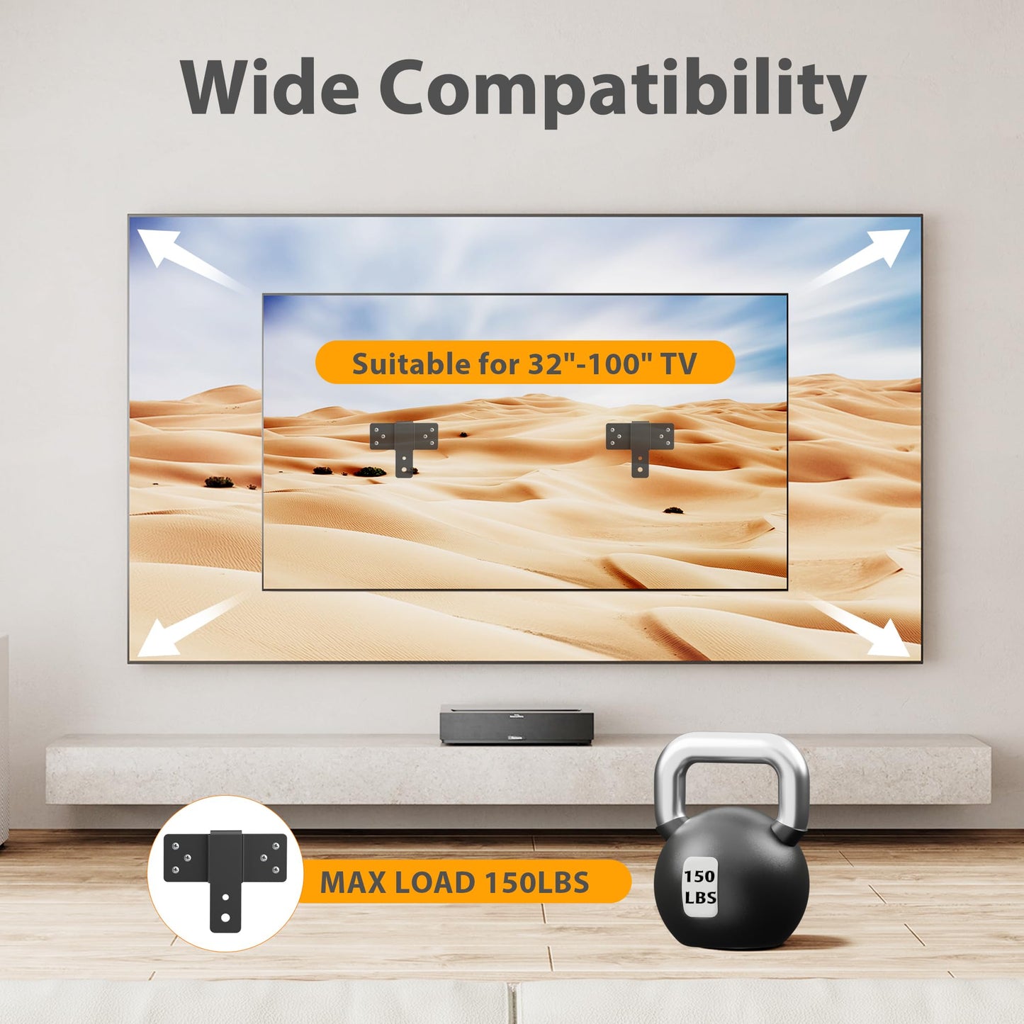Wall Mount TV Bracket,No Stud TV Wall Mount,No Drill TVBrackets for Wall,Easy Install Fits 19-100 inch TVs,Include Hardware,Suitable for Most LED LCD