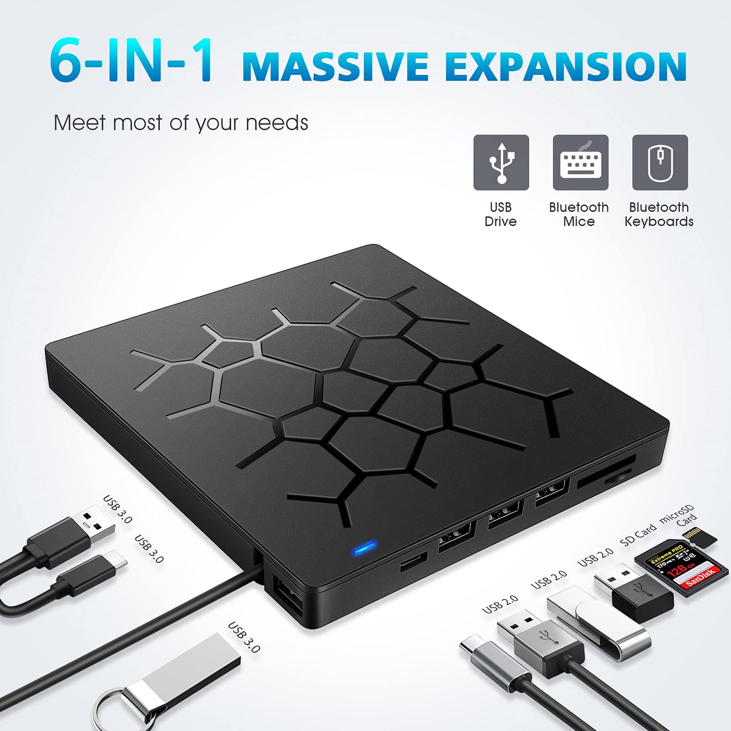 UHNDY External DVD Drive, USB 3.0 CD DVD Burner for Laptop, Type-C CD/DVD ROM +/-RW Optical Disk Drive with 4 USB Ports and 2 SD Card Slots, Ultra