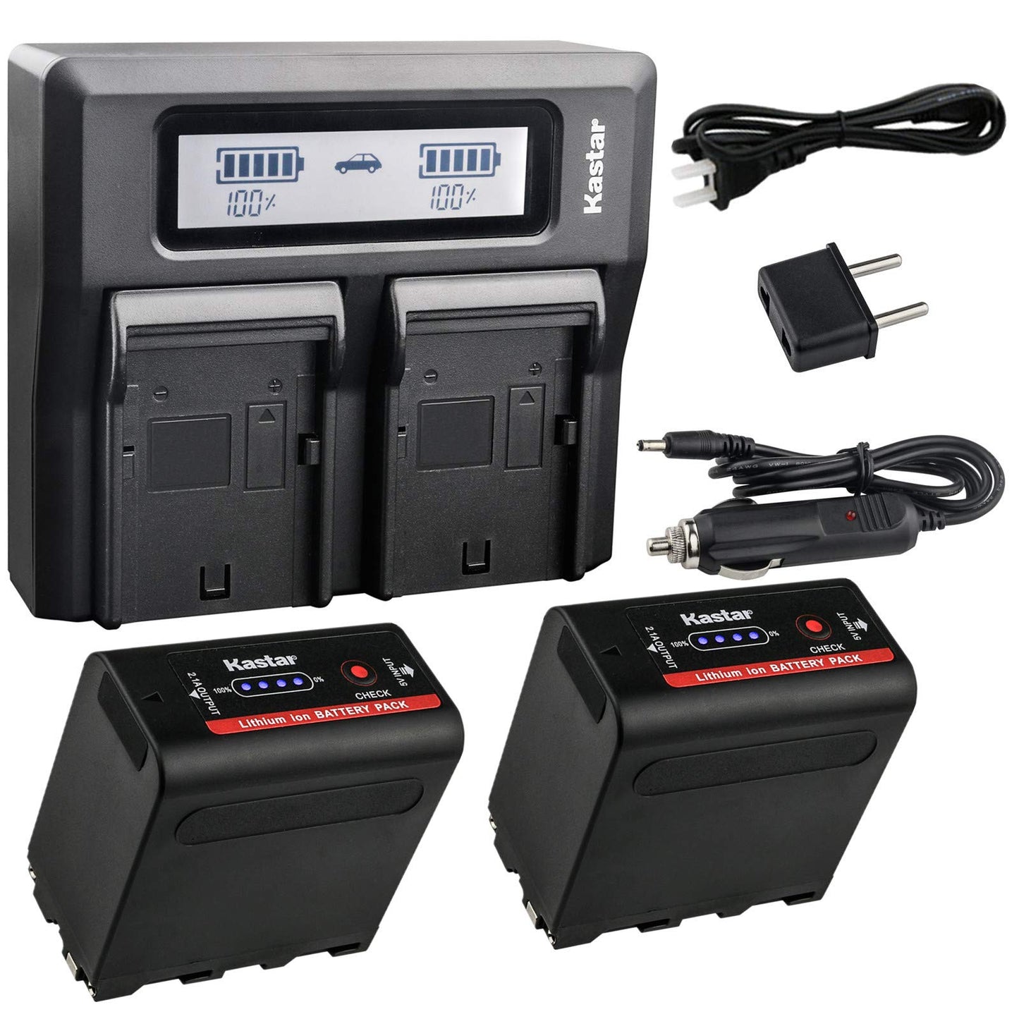 Kastar 2 Pack Battery and LCD Dual Fast Charger for Sony NP-F980 Pro NP-F970 NP-F960 NP-F750 NP-F550 NP-F330 NEX-EA50M NEX-FS100 NEX-FS700R