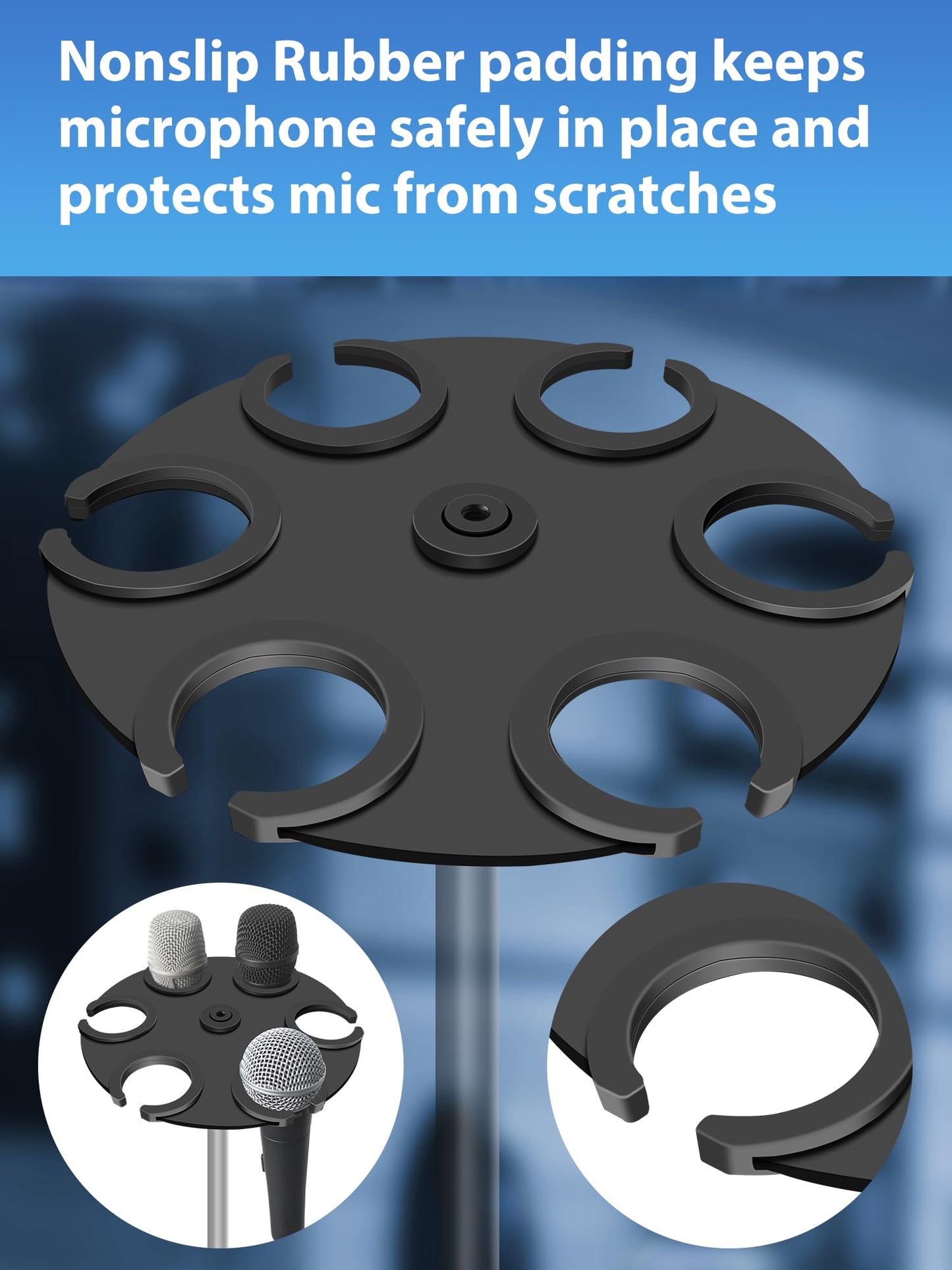 jidinung Multi-Mic Holder Up to 6 Mics (Aluminum/Rubber Padding) for Handheld Dynamic, Wired & Wireless Mics, Mic Stand Organizer, Mounts to 5/8"-27
