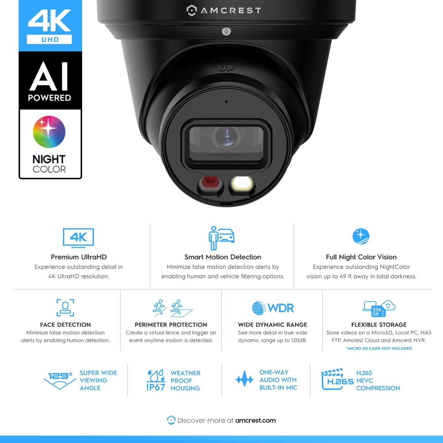 Amcrest 2-Pack UltraHD 4K (8MP) IP PoE AI Camera, 49ft Nightcolor, Security Outdoor Turret Camera, Built-in Mic, Human Detection, Active Deterrent
