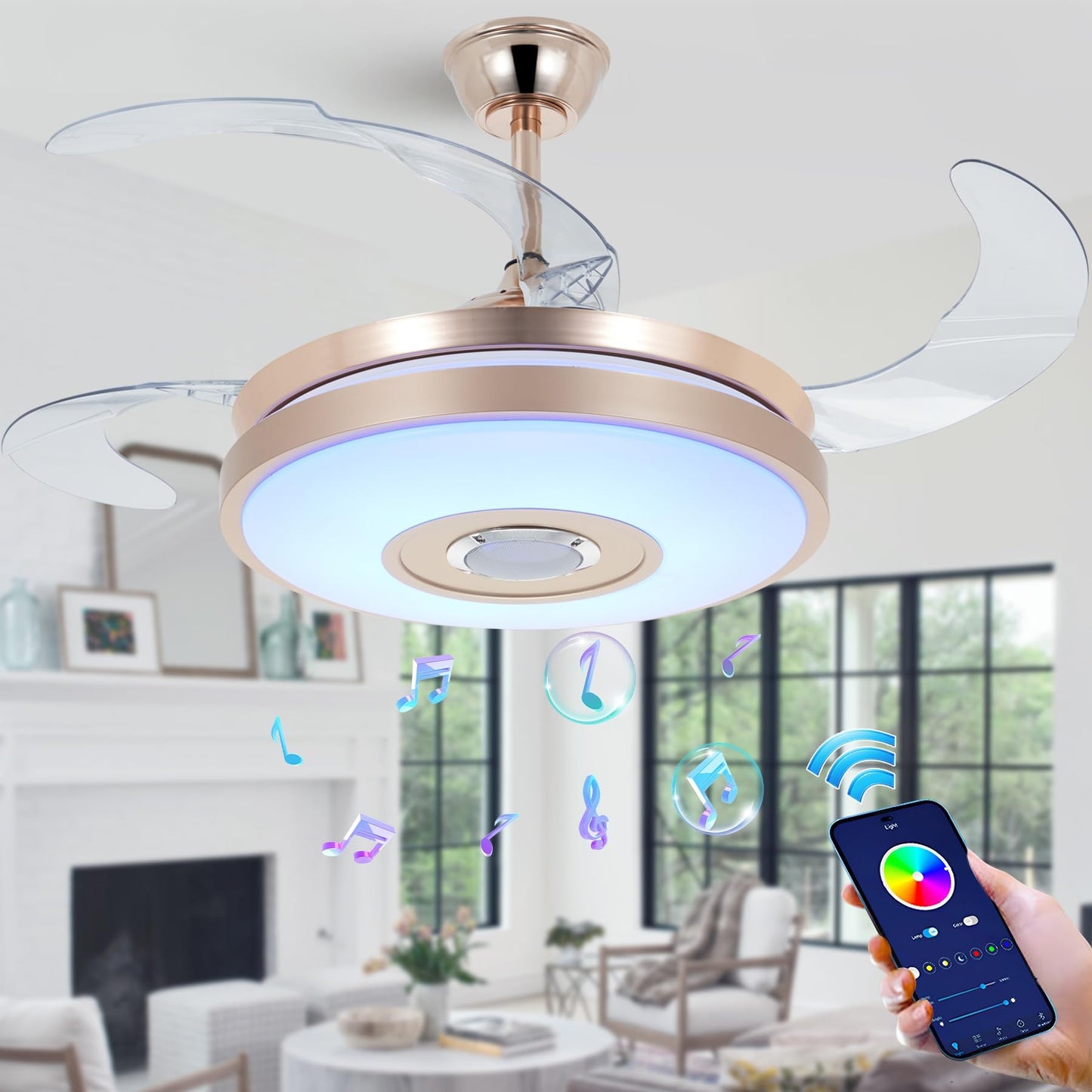 efperfect 42'' Modern Ceiling Fan with Lights Bluetooth Music Player Ceiling Fans Dimmable 7 Light Color Changes Fandelier Smart Lighting Fixture