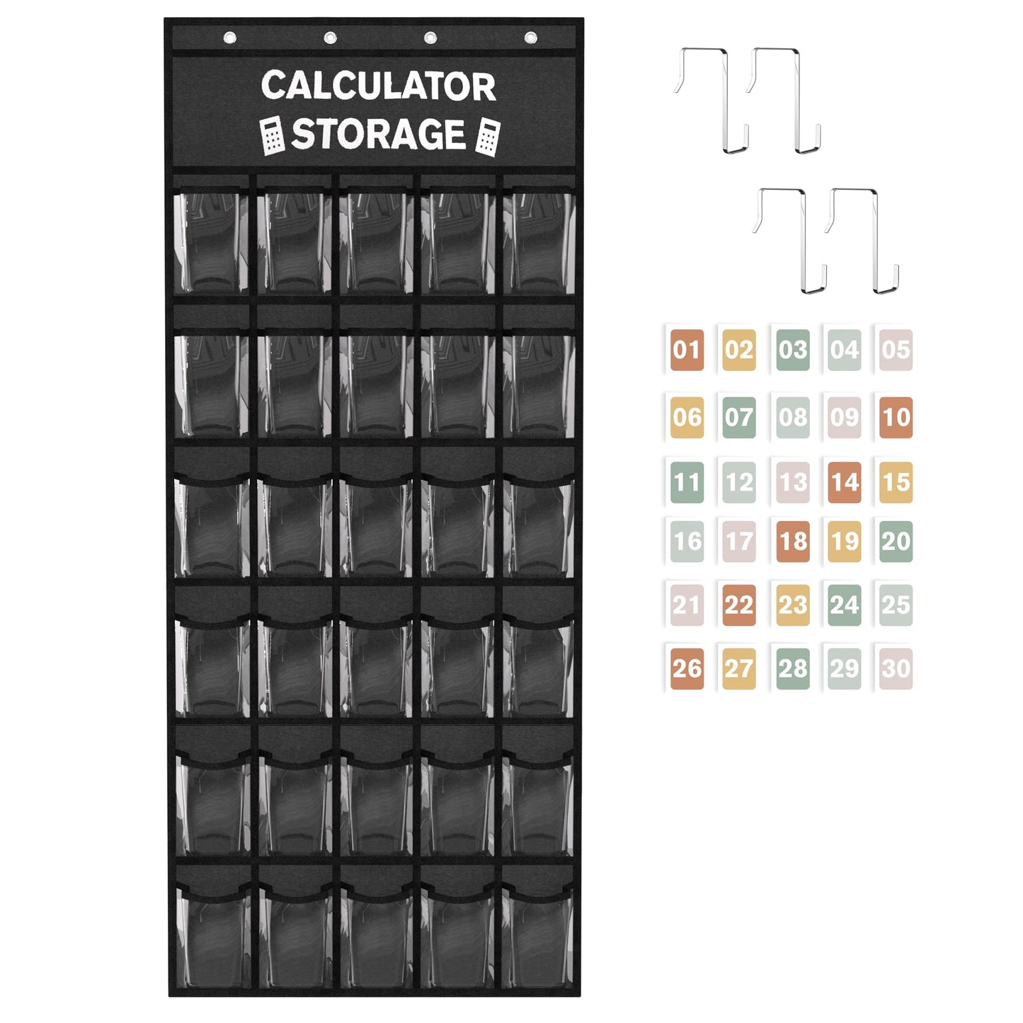 30-Pocket Calculator Holder for Classroom, Hanging Calculator Pocket Chart with Clear PVC Pockets & Numbered Stickers, Calculator Storage Organizer