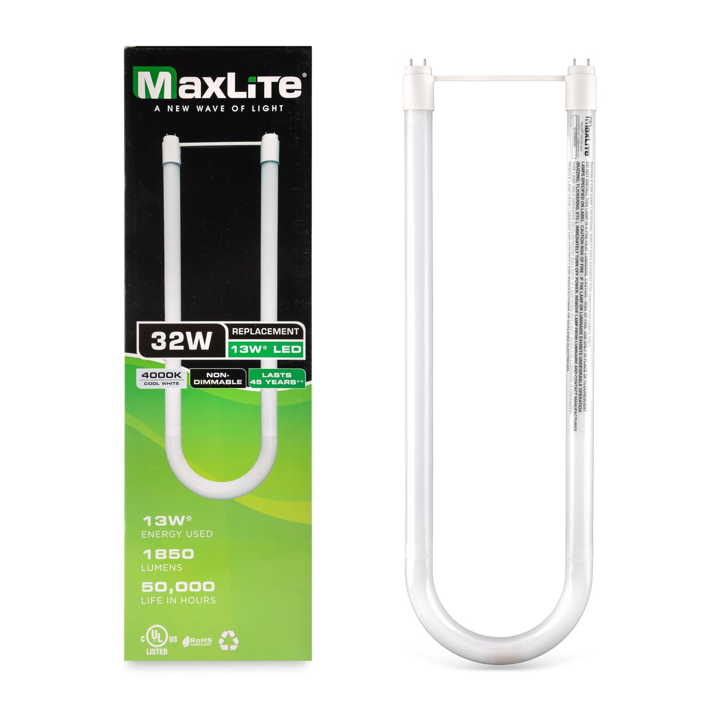 MaxLite U13T8DF240 DirectFit LED T8 U-Bend Light Bulbs - 13W 1800lm, 2-Foot LED Light, Polycarbonate Lens, 320° Beam Angle, CRI 83, CCT 4000K