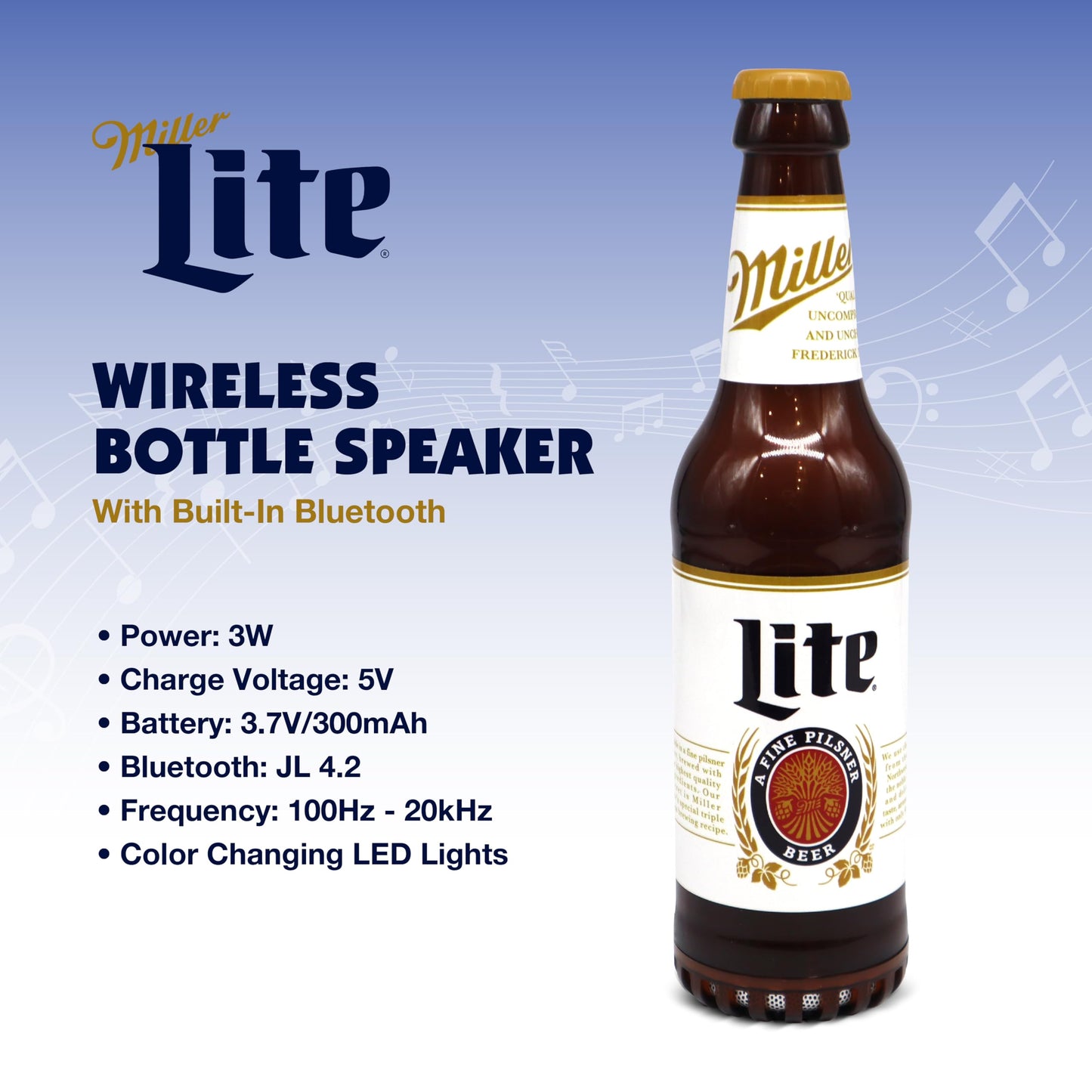 Miller Lite Bottle Shape Bluetooth Speaker with High-Fidelity Stereo, Splash Proof, 6H Playtime & AUX Port - Ideal for Outdoor, Indoor Parties