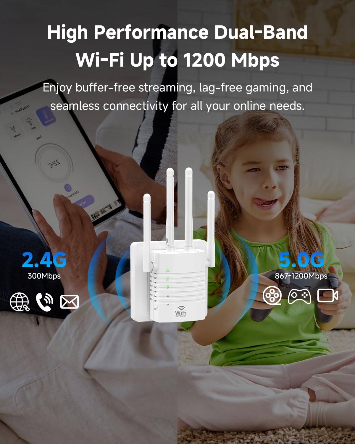1-Tap Setup WiFi Extender, Dual Band 5GHz/2.4GHz WiFi Signal Booster, 12880 Sq.Ft WiFi Range Extender, 105 Devices Supported, Ethernet Port & High