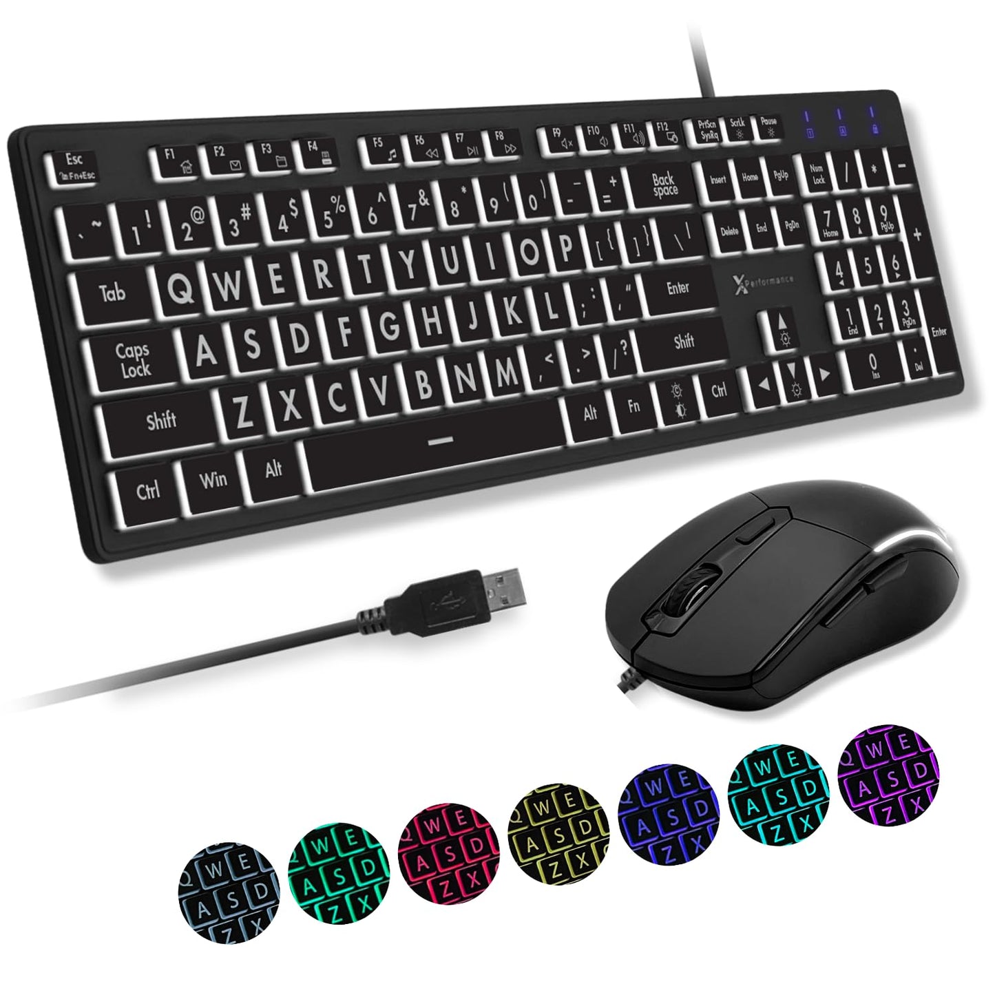 X9 Wired Keyboard and Mouse Combo - Large Print Backlit Keyboard and Mouse for Elderly, Low Vision, Visually Impaired - 7 LED Light Up Color, Lighted