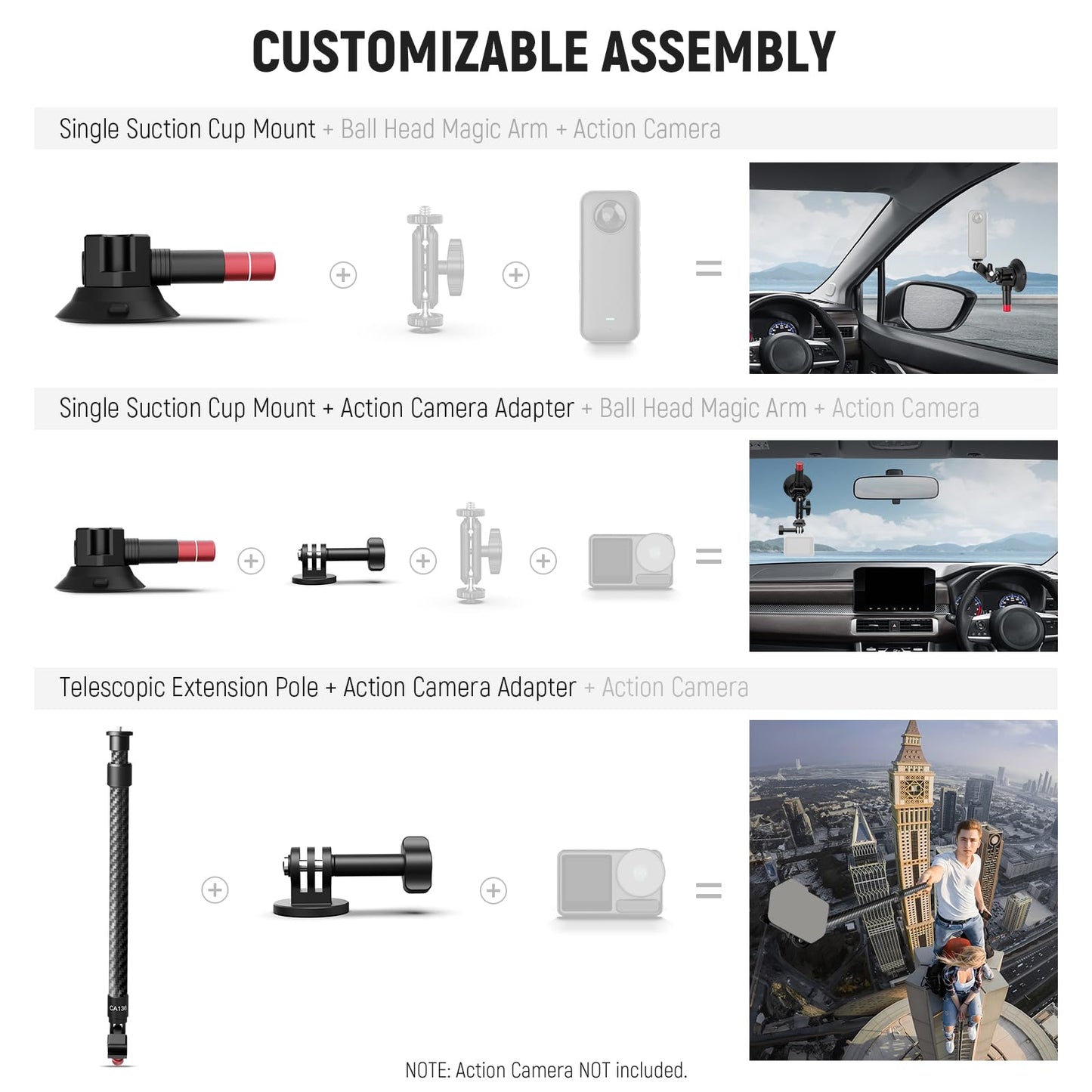 NEEWER Triple Suction Cup Car Mount Kit, Carbon Fiber Camera Mount with Action Camera Adapter, NATO Rail & 24"/60cm Extension Pole Compatible