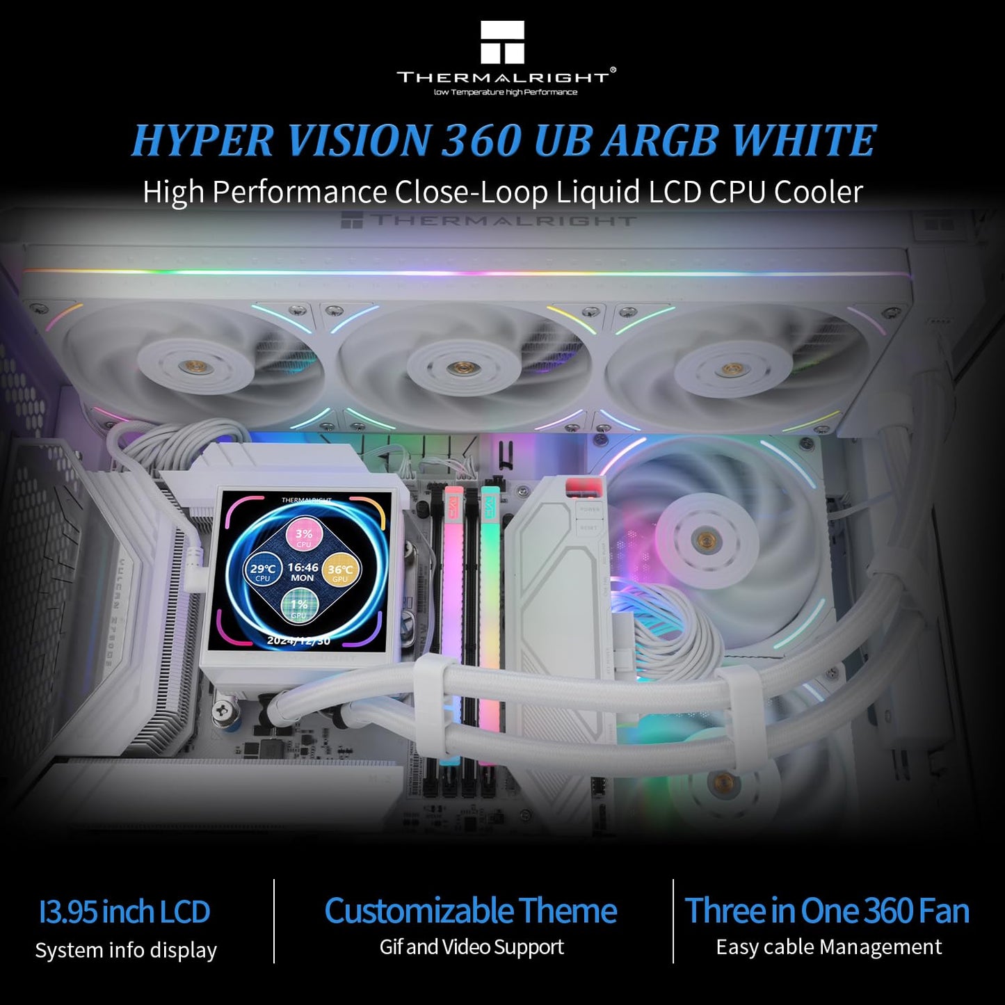 Thermalright Hyper Vision 360 UB ARGB White CPU Water Cooler,360mm Aio,IPS LCD Screen with 480x480 Resolution,Magnetic Panel Screen,Liquid CPU Cooler