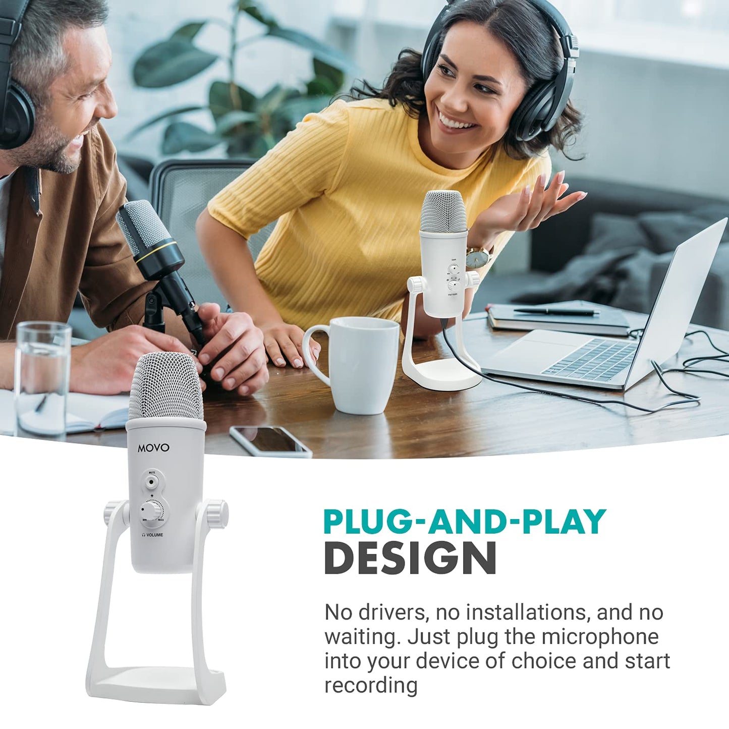 Movo UM700W White Desktop USB Microphone for Computer - Studio Mic with 4 Pickup Patterns - USB Gaming Microphone for PC, Mac, and Android - Best Mic