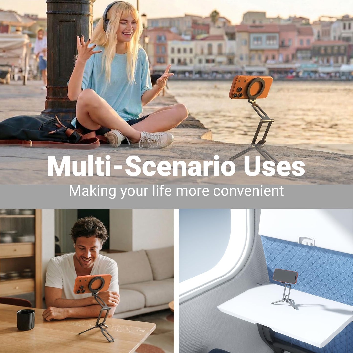 Magnetic Phone Tripod, Compatible with MagSafe, Portable Aluminum Alloy Magnetic Phone Stand with Comfort Grip for iPhone 17/16/15/14/13/12 Series