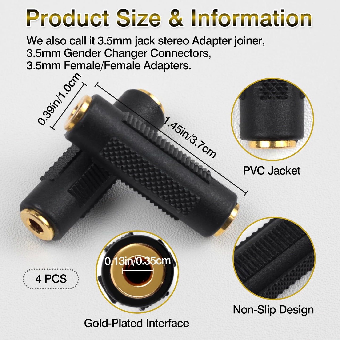 Brvlsoc 3.5mm Stereo Jack Female-to-Female Audio Adapter (4-Pack) - Gold-Plated Coupler Connector for Extending 3.5mm AUX Cables