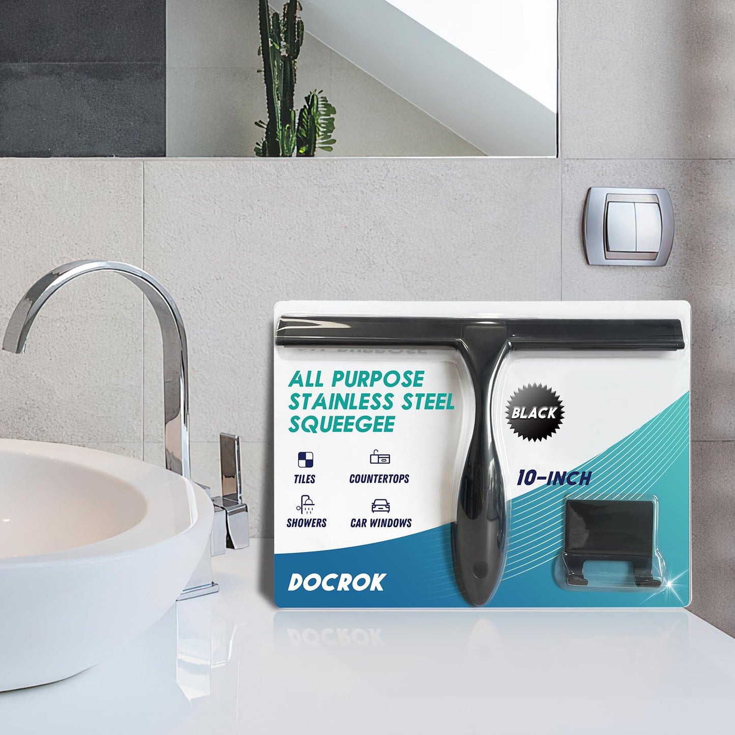 All-Purpose Stainless Steel Shower Squeegee – 10" Glass Door & Mirror Cleaner with Hook – Black, for Bathroom, Tile, Car