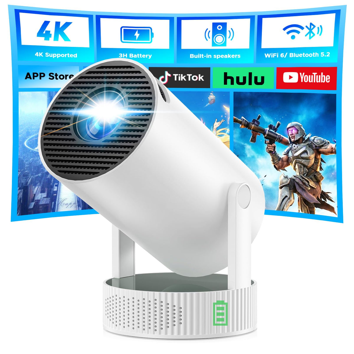 Mini Projector, Projector with Wifi and Bluetooth Built-in Battery 4K Portable Projector for Outdoor Bedroom, Smart Projectors 1080P Compatible
