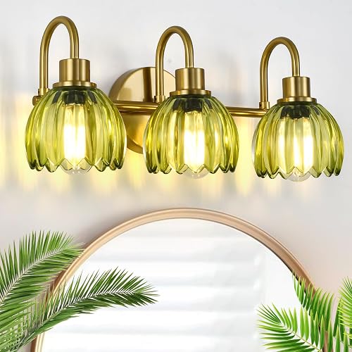 NOVCAND 3 Light Brushed Gold Bathroom Vanity Light,Vintage Brass Wall Sconces Hardwired,Wall Mounted Lighting Fixtures Over Mirror Kitchen Bedroom