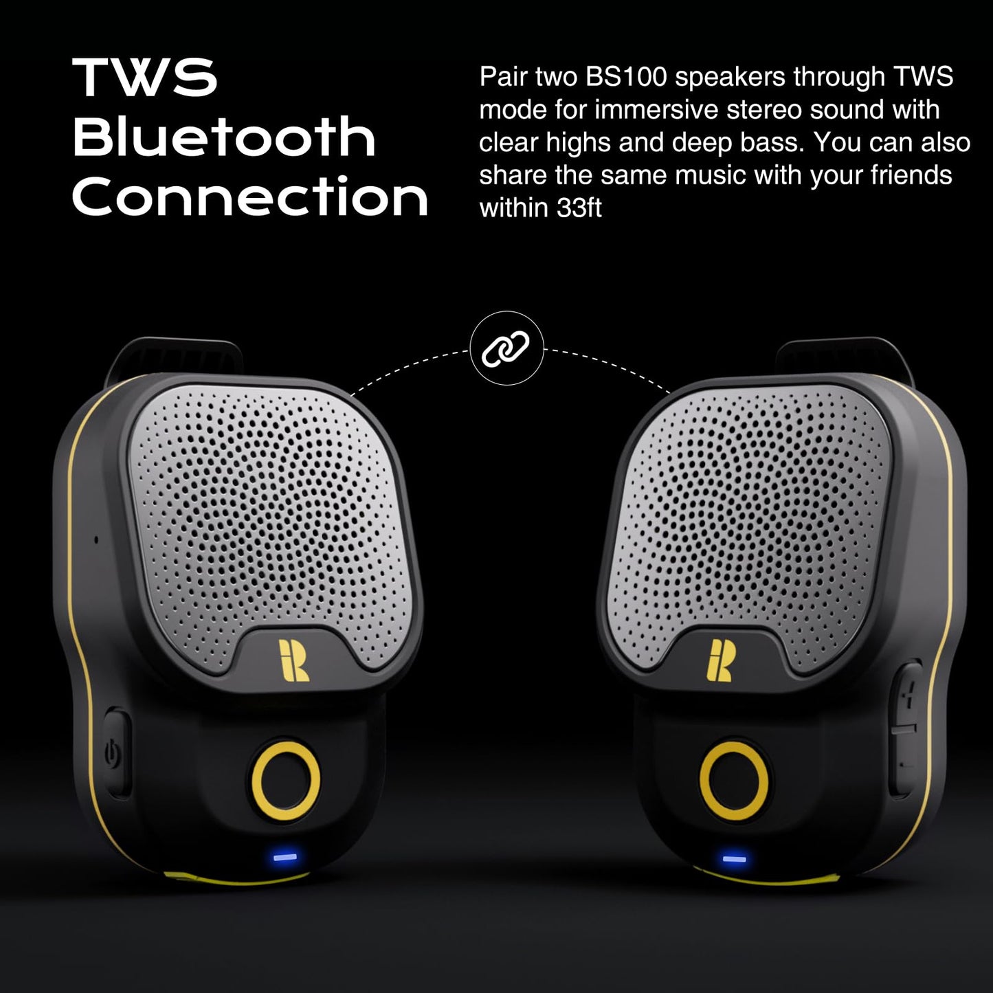 Rythflo Wearable Bluetooth V5.3 Speaker, 30H Working Time Clip-On Wireless Jobsite Water-Resistant TWS Portable Speaker, IPX7 Waterproof, Built-in ENC