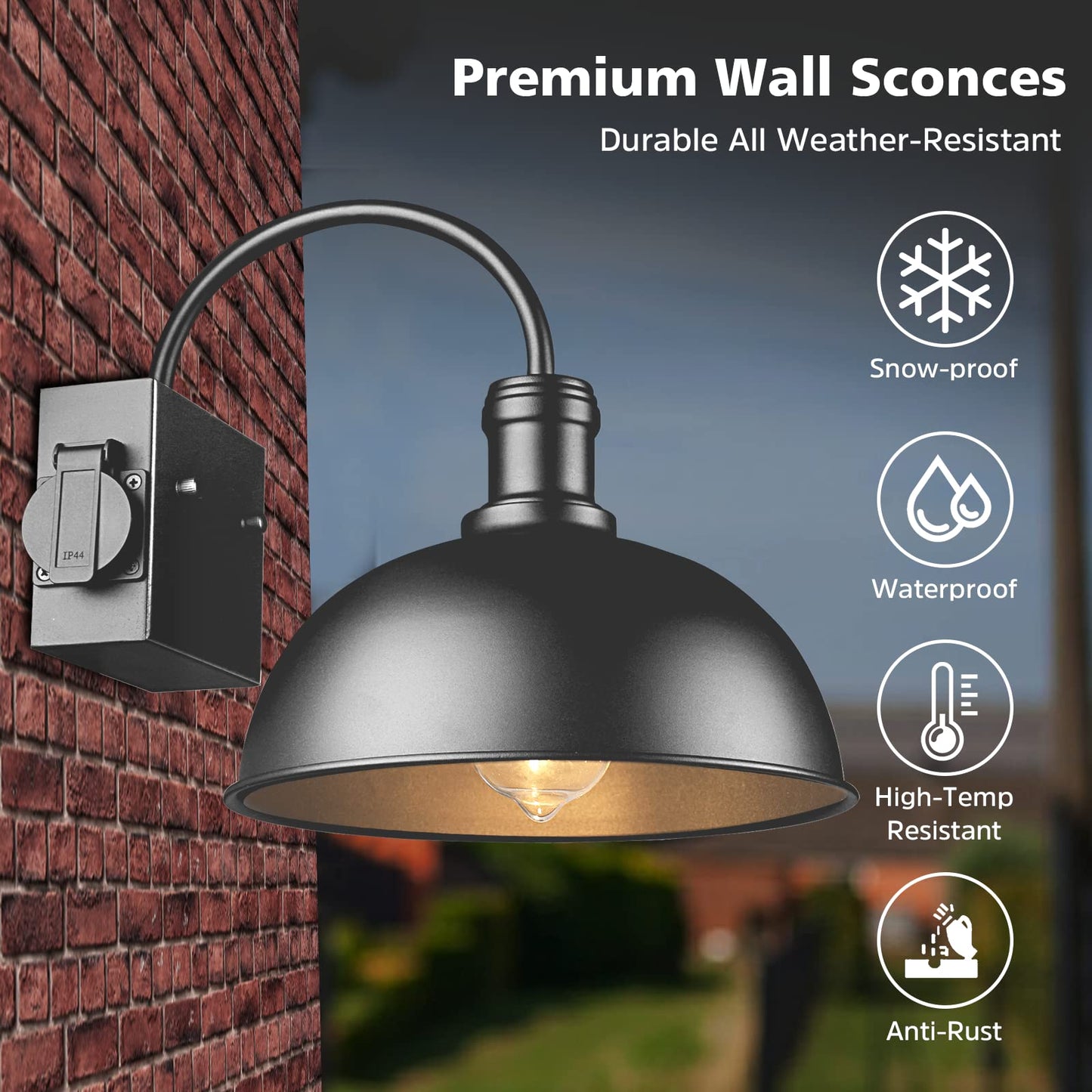 Bdrofn 2-Pack Outdoor Wall Sconces, Exterior Farmhouse Gooseneck Barn Light, Vintage Matte Black Outside Wall Lighting Fixture, Anti-Rust Waterproof