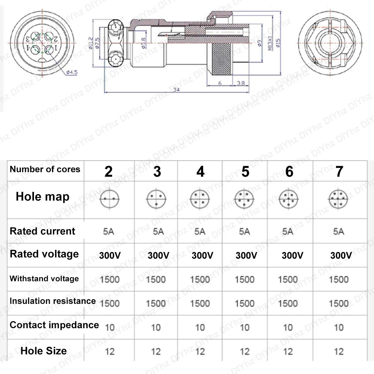 DIYhz GX12 5 Pins Panel Metal Mount Circular Metal Aviation Connector Adapter Male Female Plug Socket with Waterproof Cap (5 Pcs)