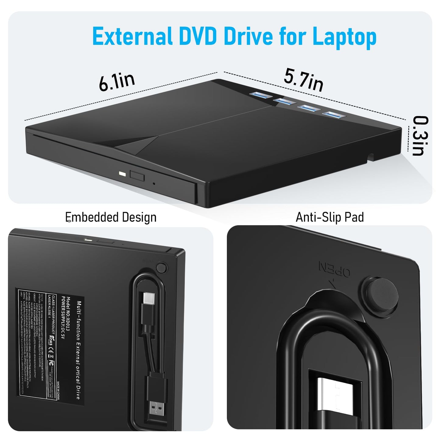 External CD/DVD Drive for PC, Portable 7 in1 USB 3.0 CD Drive External Usb, CD Reader for PC CD Burner with 4 USB Ports and TF/SD Card Slots, External