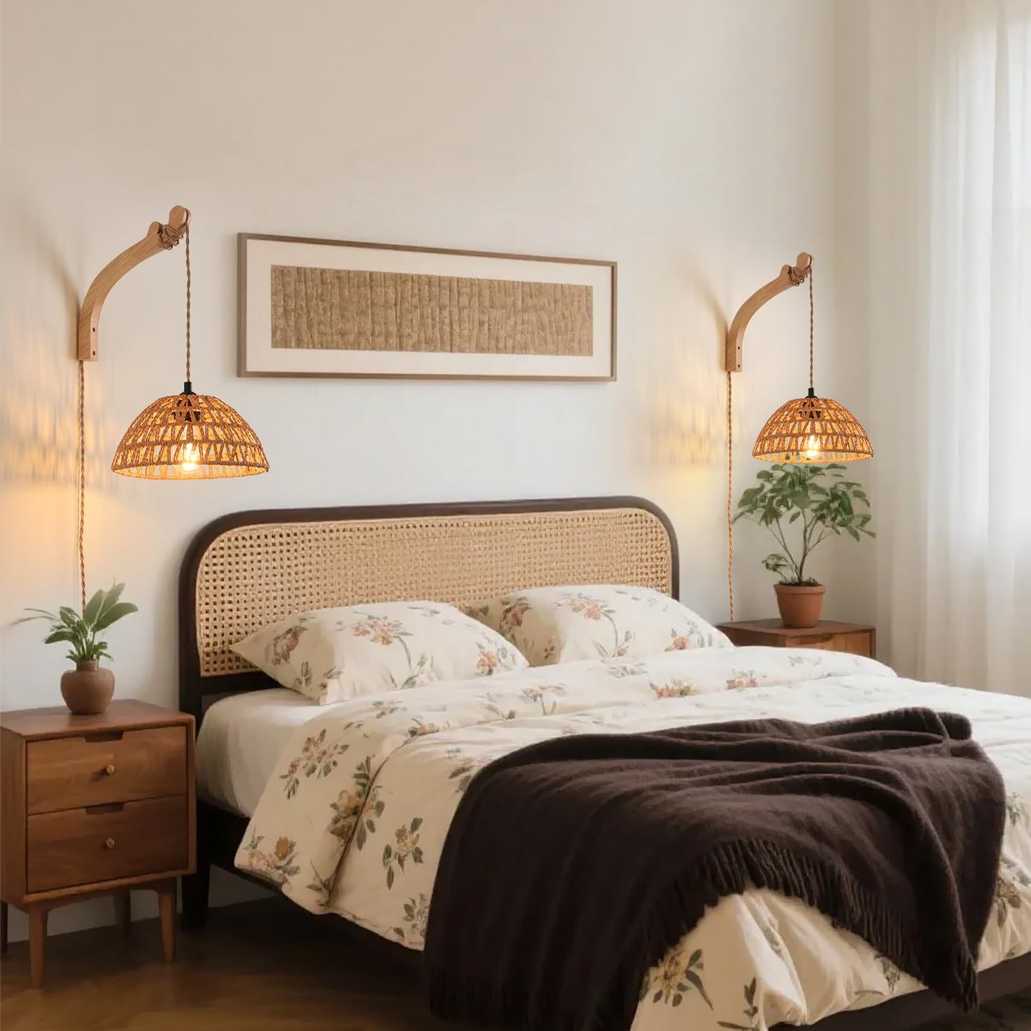CAFULAM Plug in Wall Sconce,Farmhouse Wicker Wall Lamp Plug in,Hand Woven Rattan Wall Light Farmhouse Rustic Boho Sconces Wall Lighting for Living