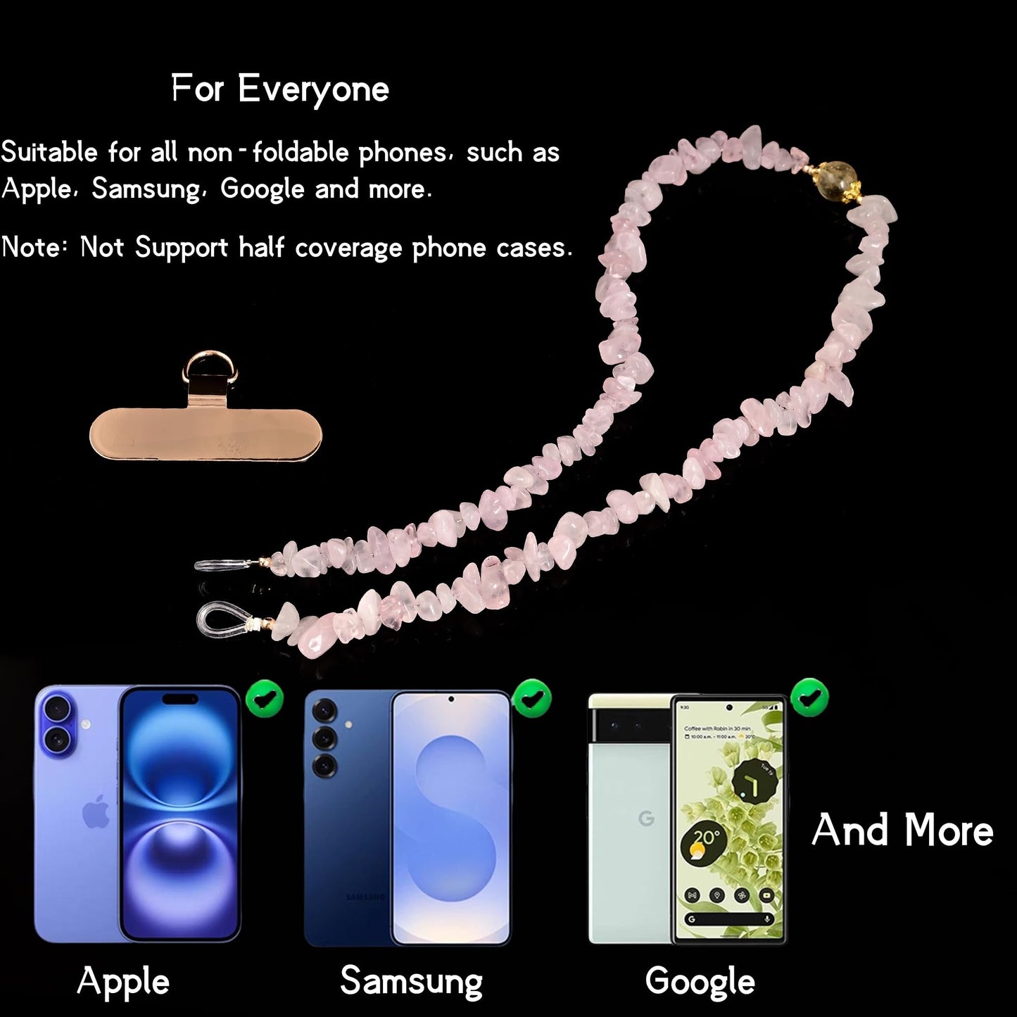 Land Long Pink Rose Quartz Chips Beaded Hands-free Phone Wrist Strap with Anti-lost Tab, Detachable Wristlet Lanyard for Girly Gift