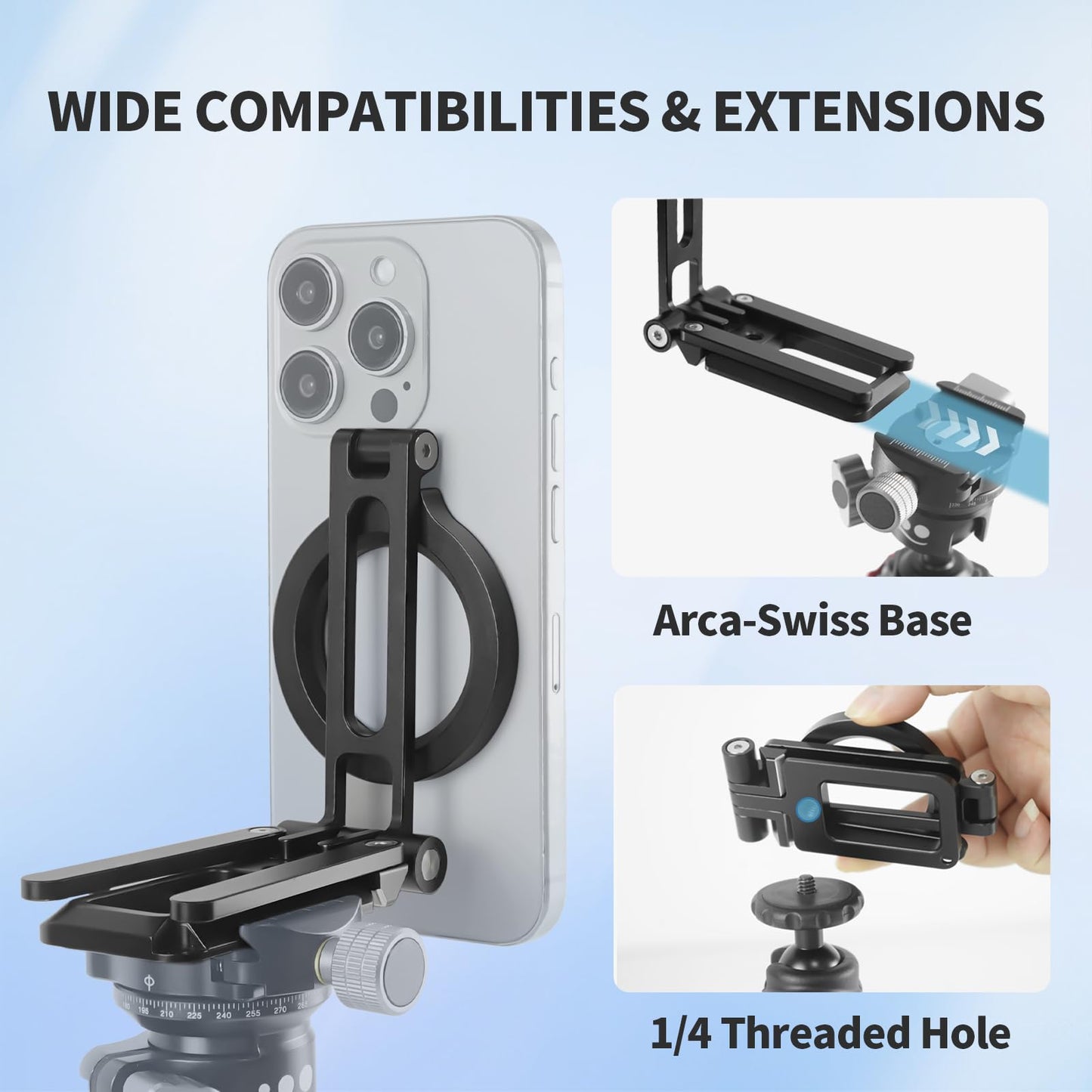 FIFIELD Magnetic Phone Tripod Stand 1/4" Screw Aluminum Mini Foldable Tripod for Cell Phone, Travel Essential Adjustable iPhone Stand