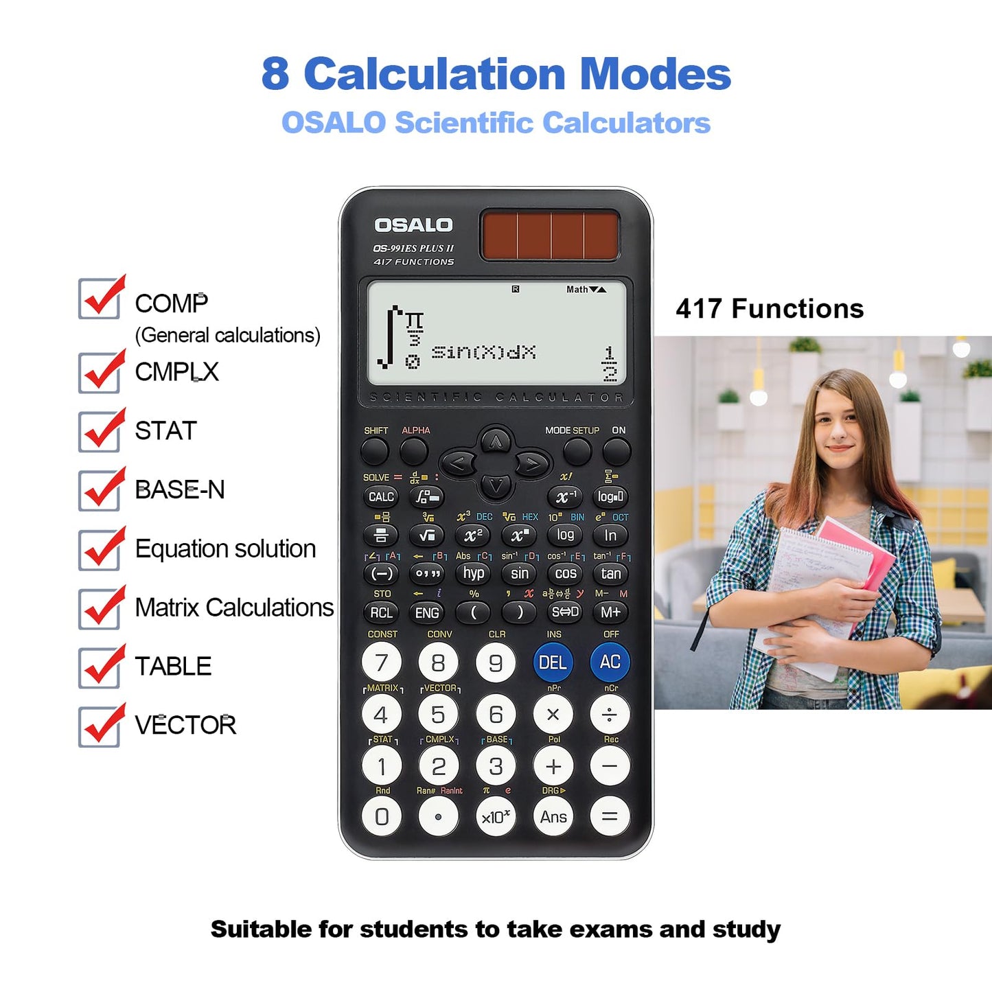 OSALO Scientific Calculator 417 Function 2 Line 10+2 Digits Written Display Solar and Battery Calculators for School College Students Secondary Black