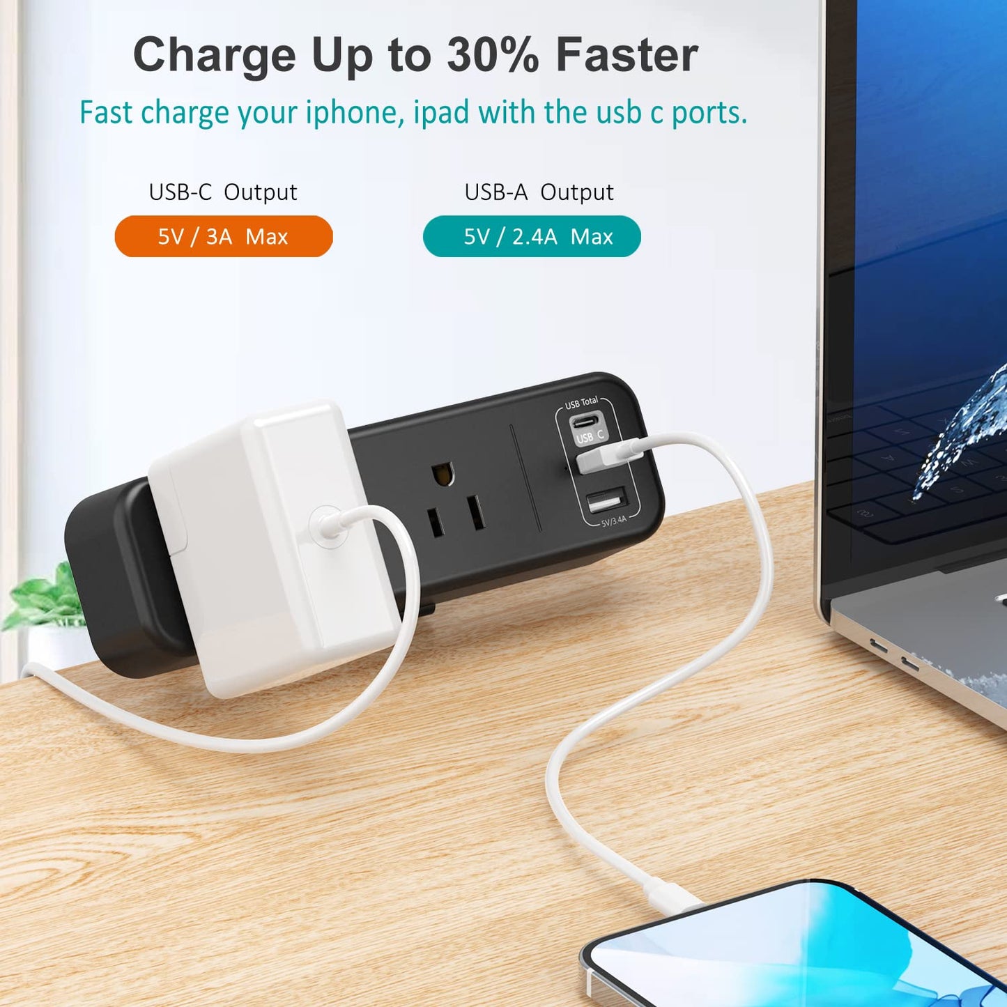 Desk Clamp Power Strip with USB C, 3 Outlet Desktop Mount Power Station Removable Clamp Socket with 6.5 ft Extension Cord, Fit 1.7 inch Tabletop Edge