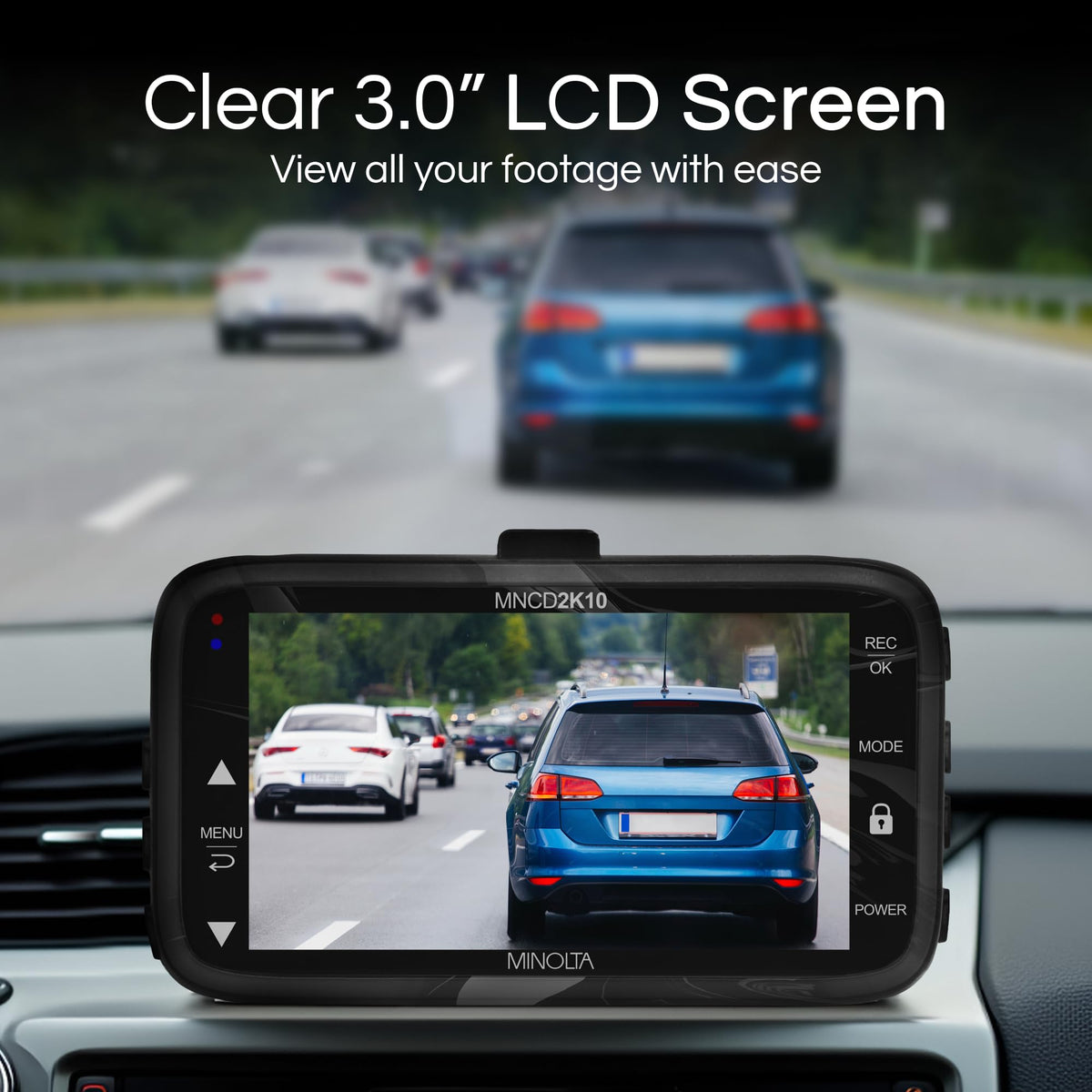 Minolta MNCD2K10 2.5K Quad HD Dash Cam, 160° Lens, 3.0 in LCD (Black)